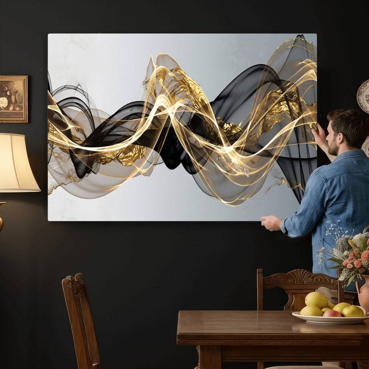 79483321DL-MGV-CV-36X24 - Black and Gold Abstract Wall Art, Modern Wave Canvas Print, Elegant Flowing Smoke Art, Luxury Living Room Decor
