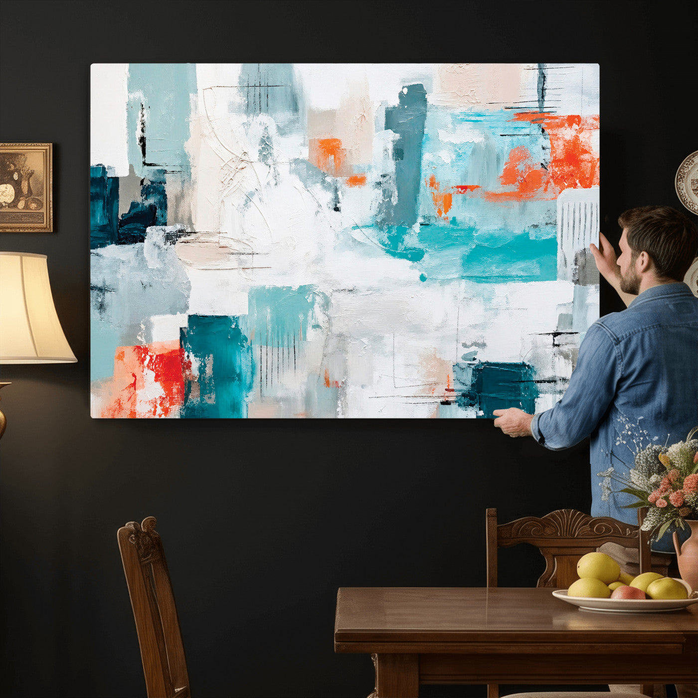 98638479-MGV-CV-36X24 - Blue Teal Abstract Canvas Wall Art | Modern Textured Painting Print, Navy Orange White Contemporary Art, Neutral Living Room Decor, Office Art