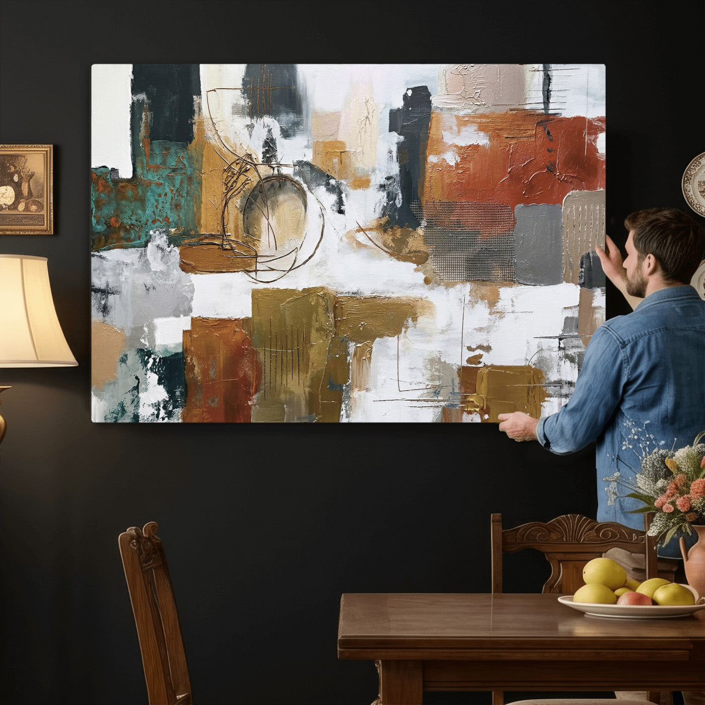 50720312-MGV-CV-36X24 - Blue Teal Abstract Canvas Wall Art, Modern Textured Painting Print, Navy Orange White Contemporary Art, Neutral Living Room Decor, Office Art
