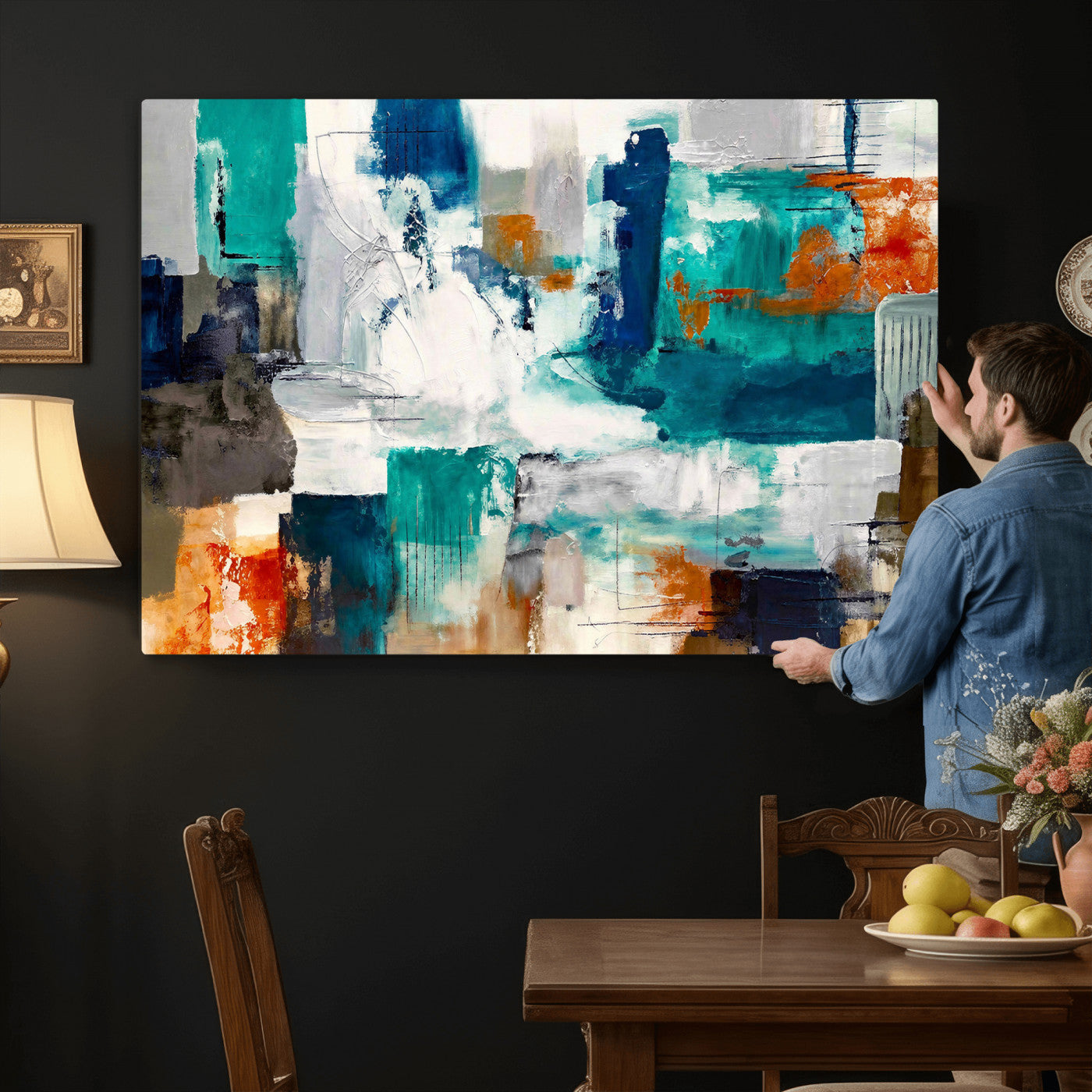 44038089-MGV-CV-36X24 - Blue Teal Abstract Canvas Wall Art, Modern Textured Painting Print, Navy Orange White Contemporary Art, Neutral Living Room Decor, Office Art