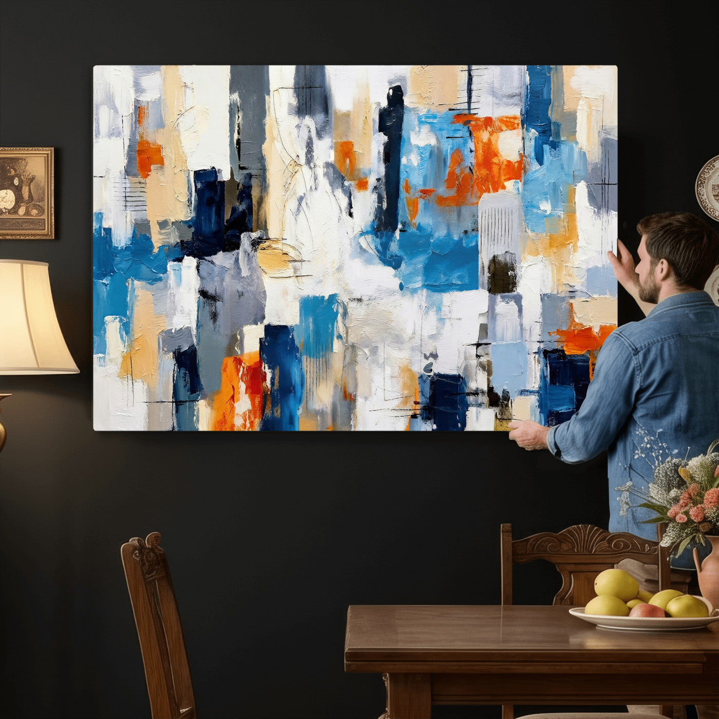 83915061-MGV-CV-36X24 - Blue Teal Abstract Canvas Wall Art, Modern Textured Painting Print, Navy Orange White Contemporary Art, Neutral Living Room Decor, Office Art