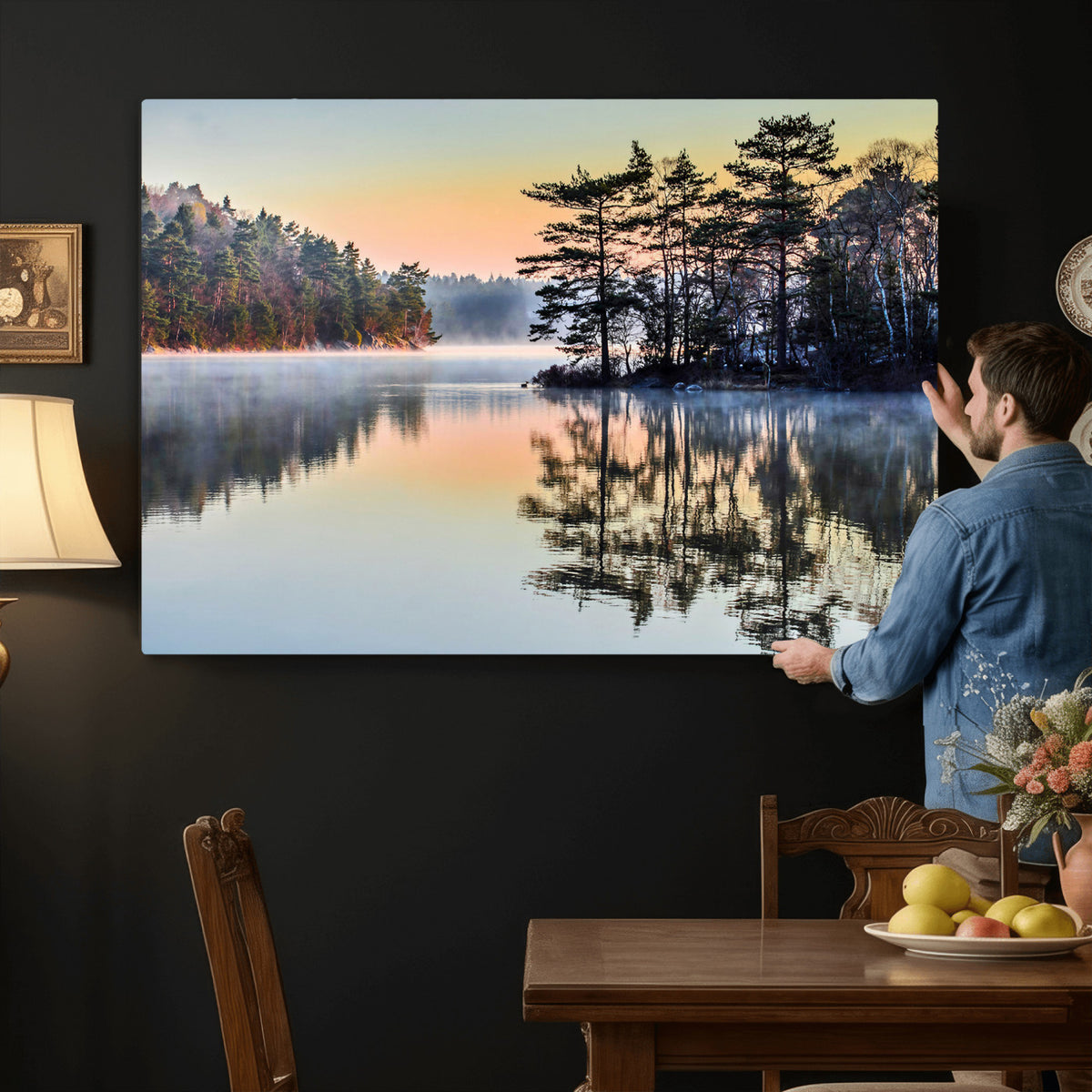 34236027-MGV-CV-36X24 - Before People Wake Canvas Wall Art Print, Misty Lake Sunrise Landscape, Forest Reflection Nature Decor, Ready to Hang