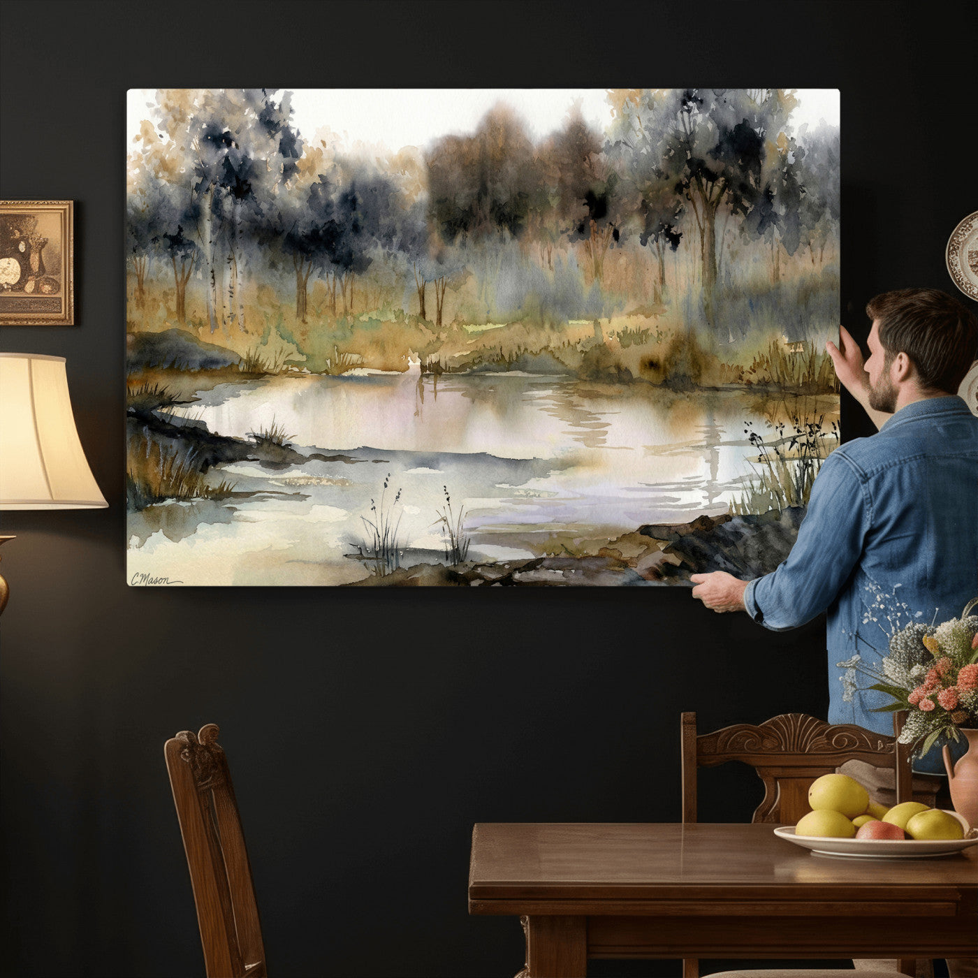 27383609-MGV-CV-36X24 - Abstract WatercolorAutumn Lake Canvas Wall Art Print, Misty Forest Landscape, Rustic Nature Painting, Cabin Wall Decor, Ready to Hang