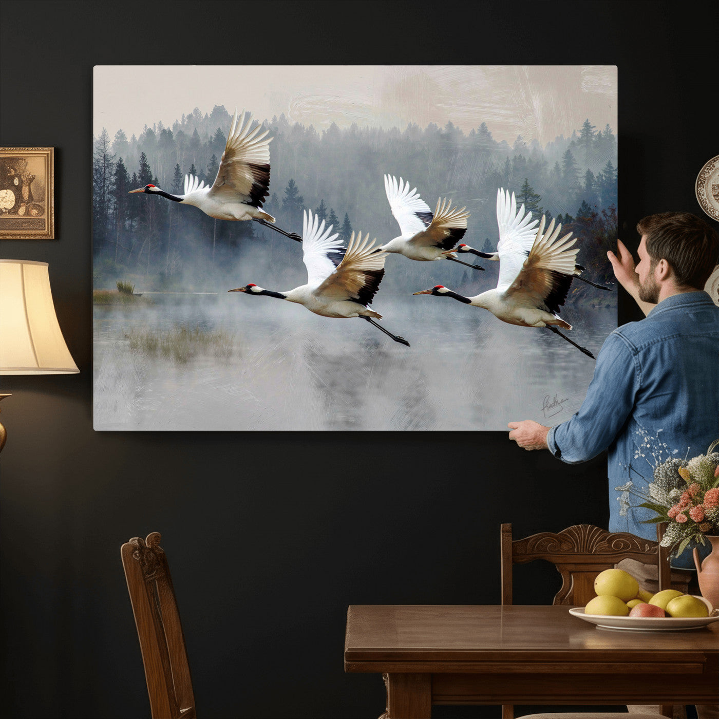 24356826-MGV-CV-36X24 - Flying Crane Canvas Wall Art Print, White Crane Bird Artwork, Wildlife Nature Decor, Lake Landscape Canvas - Ready to Hang