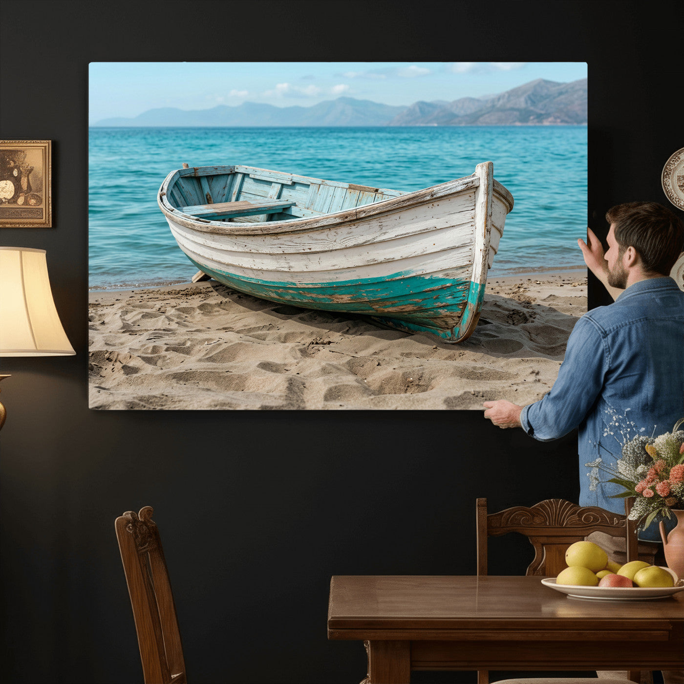 49963709-MGV-CV-36X24 - Coastal Boat Canvas Wall Art Print, Beach Boat Painting, Nautical Ocean Decor, Seascape Wall Art - Ready to Hang