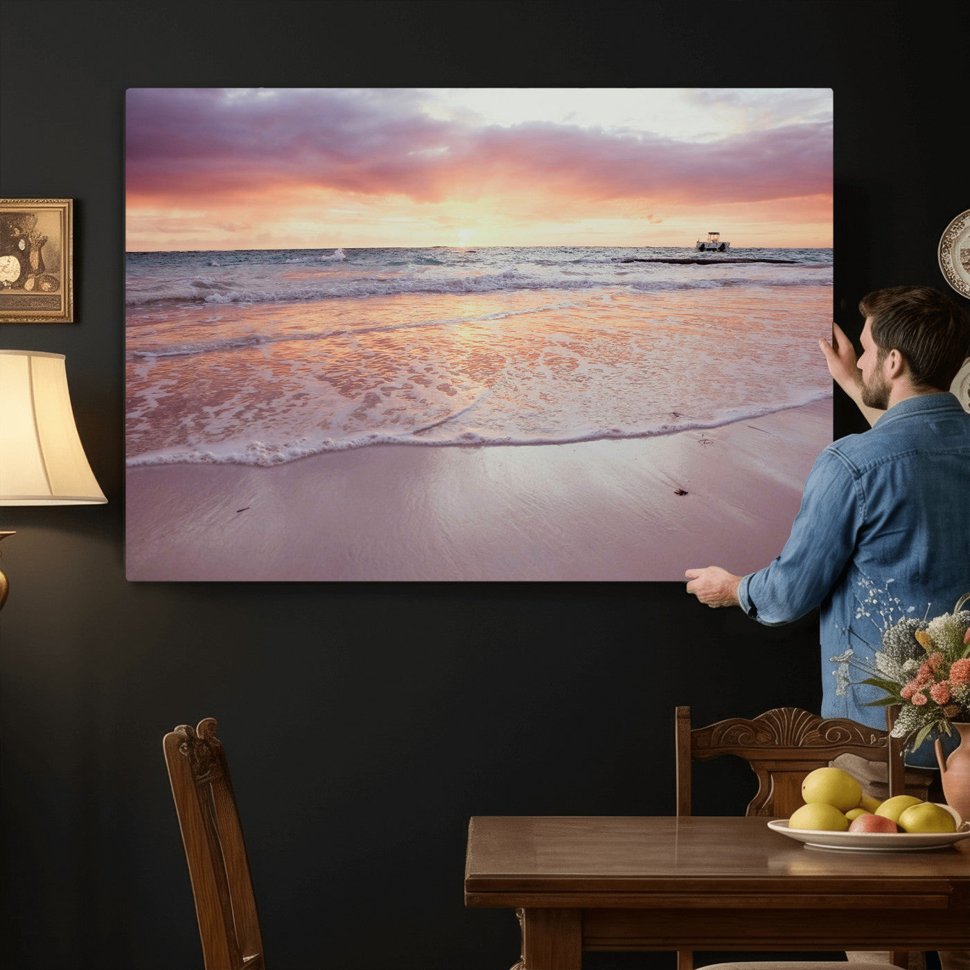 44765395-MGV-CV-36X24 - Beach Sunset Canvas Wall Art Print - Ocean Waves Landscape, Coastal Photography, Seascape Wall Decor, Ready to Hang
