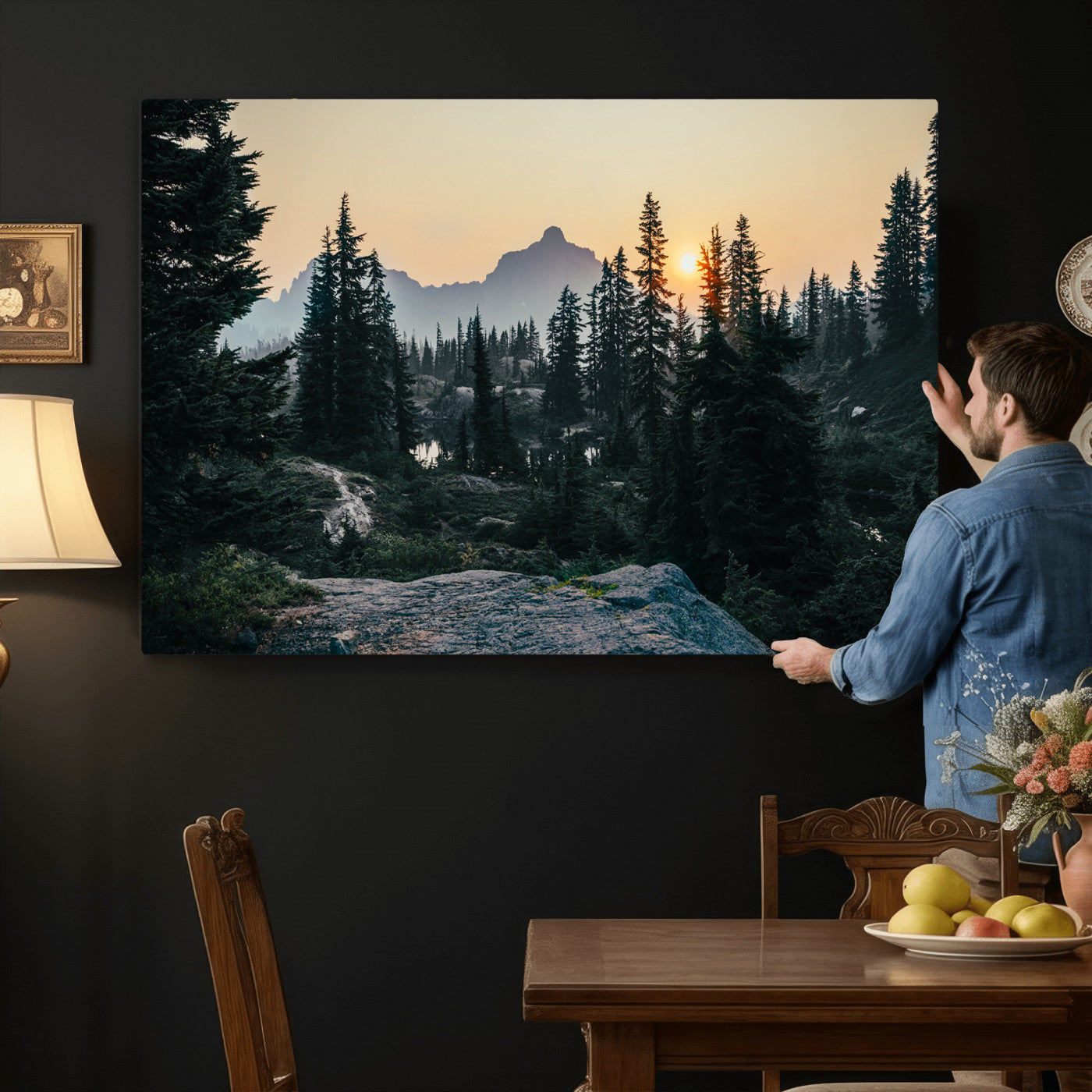 89996020-MGV-CV-36X24 - Mountain Forest Canvas Wall Art Print, Pine Tree Landscape, Sunset Nature Photography, Wilderness Wall Decor, Ready to Hang