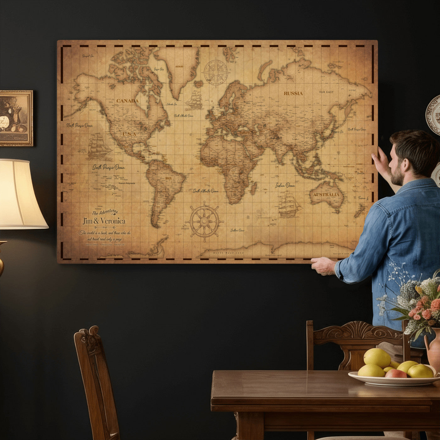 55328610-MGV-CV-36X24 - Personalize Push Pin World Map, Vintage Travel Map Canvas, Custom Names Anniversary Gift, Places Visited Pin Board, Couples Adventure Arts