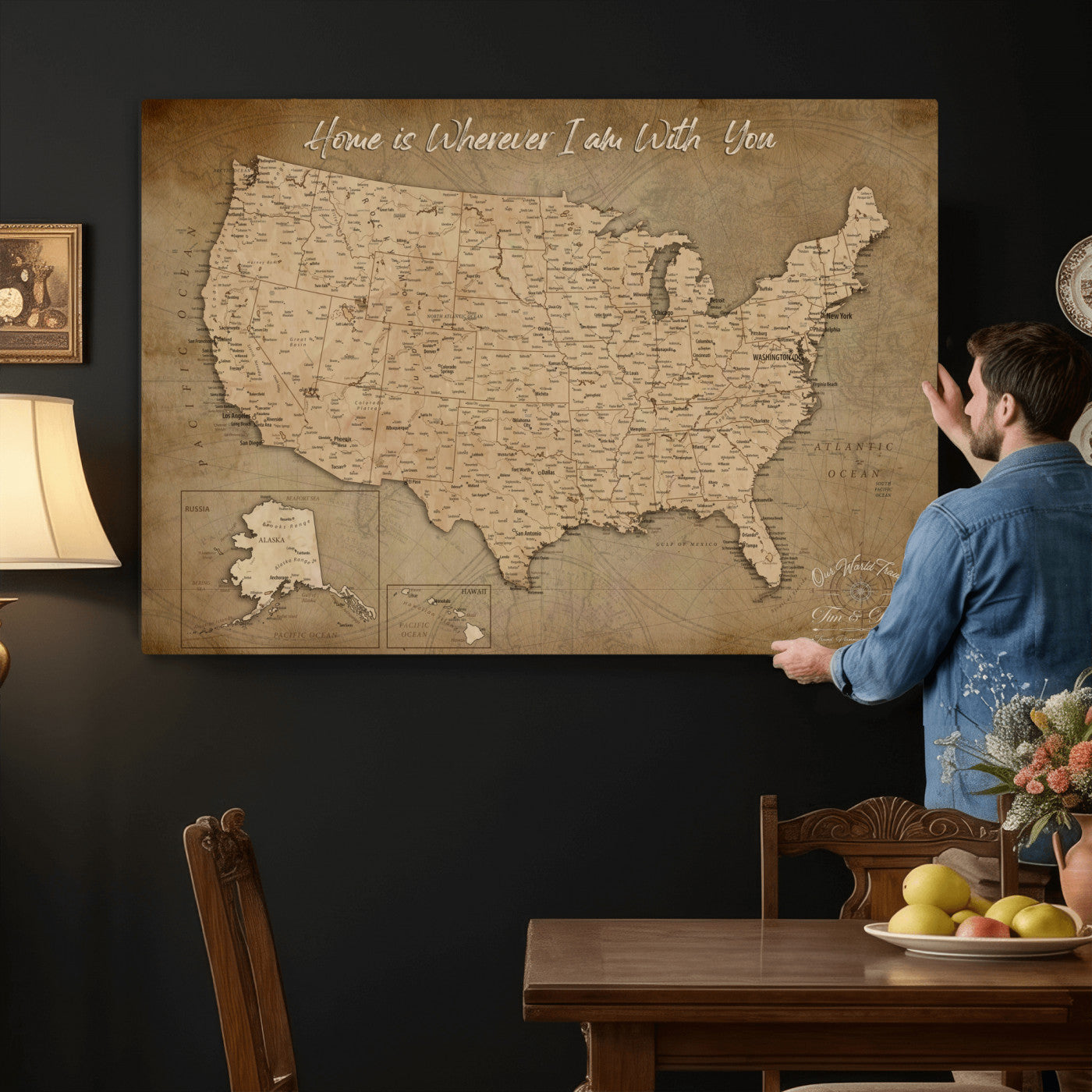 21454917-MGV-CV-36X24 - Personalized USA Push Pin Travel Map, Custom United States Map, Push Pin Map, USA Bucket List Map, Anniversary Gift, Couple Travel Map Wall Art
