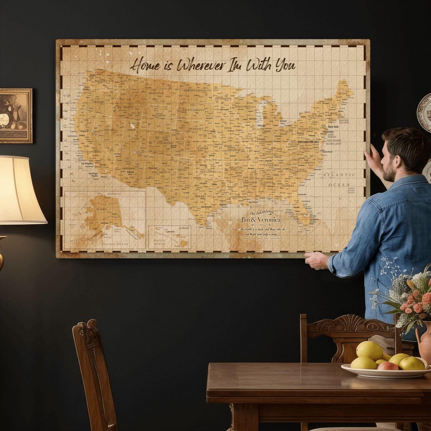 62164711-MGV-CV-36X24 - Personalized USA Push Pin Travel Map, Custom United States Map, Push Pin Map, USA Bucket List Map, Anniversary Gift - Couple Travel Map Wall Art