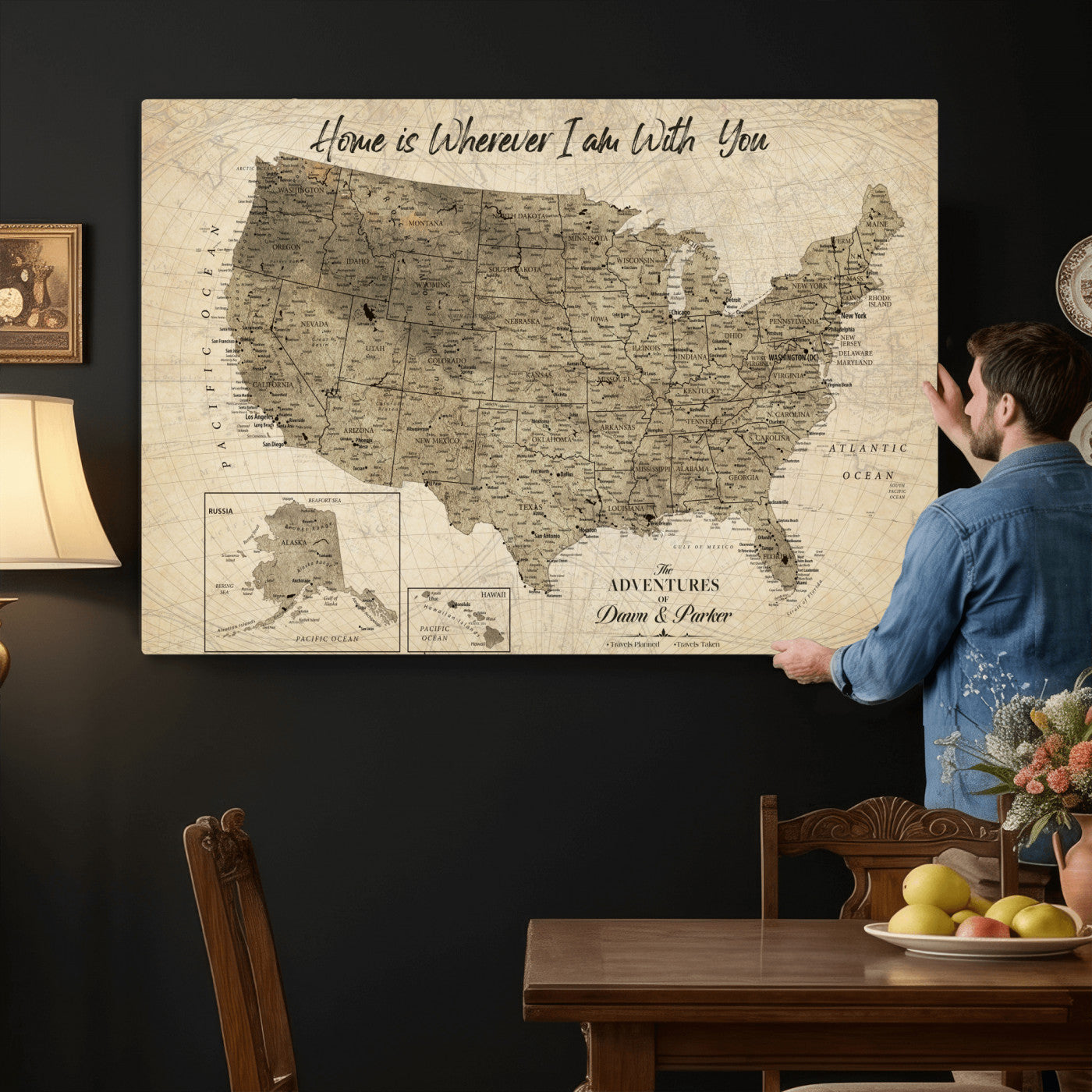 25440520-MGV-CV-36X24 - Personalized United States Map Canvas Wall Art with Push Pins Detailed
