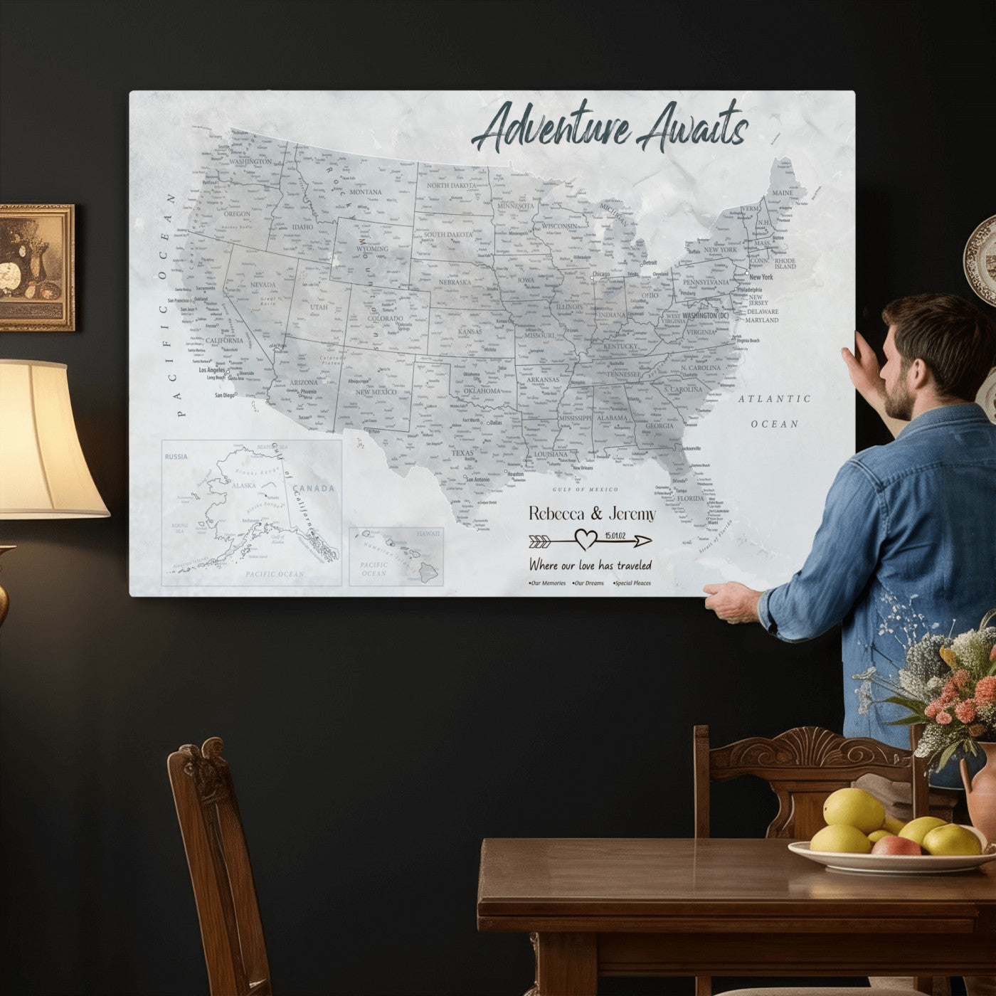 66120672-MGV-CV-36X24 - Personalized America Push Pin Travel Map Canvas Wall Art for Custom Family Gift