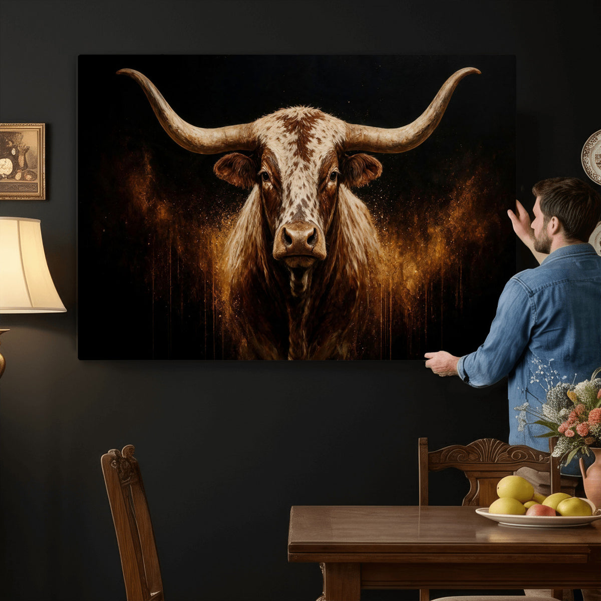 62076449-MGV-CV-36X24 - Texas Bull Cow Longhorn Canvas Wall Art Moody Western Bull Oil Painting Print