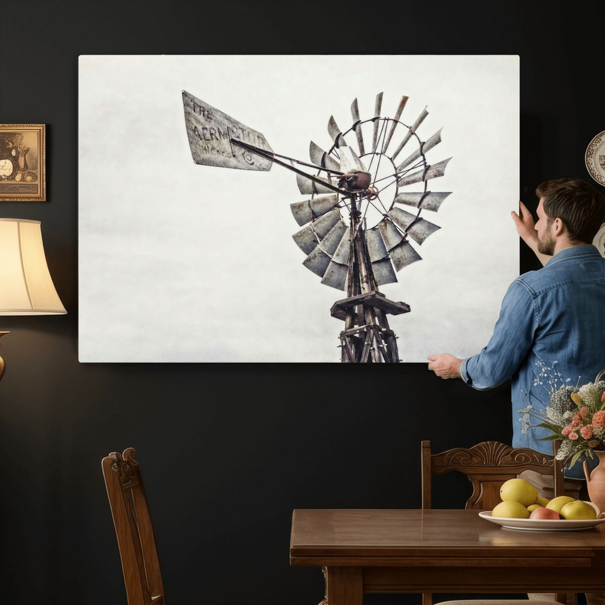 63200638-MGV-TP-24X36 - Vintage Rustic Farmhouse Windmill Canvas Wall Art - Western Country Landscape Print