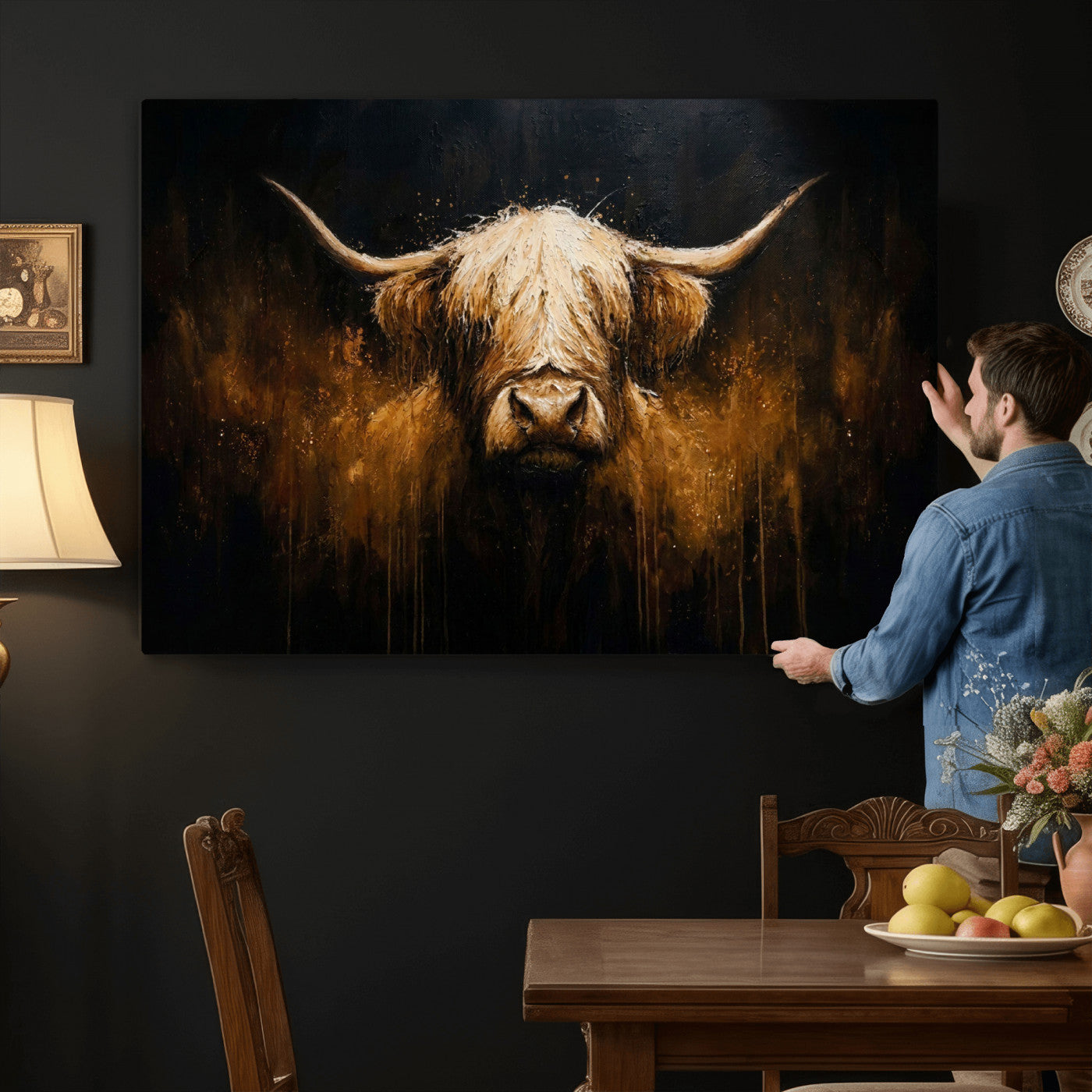 79873059-MGV-CV-36X24 - Rustic Highland Cow Canvas Print Dark Farmhouse Cattle Wall Decor