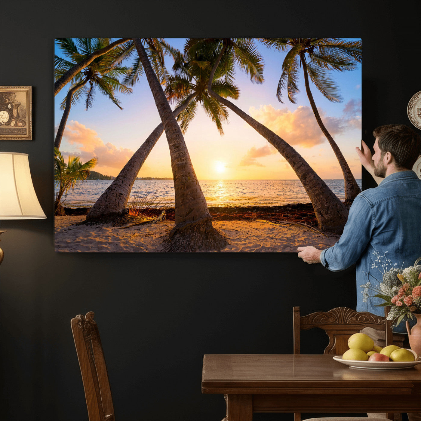 75123213-MGV-CV-36X24 - Tropical Island Coconut Palm Trees Sunset Wall Art Canvas Print - Turquoise Beach Print for Nautical Home Decor
