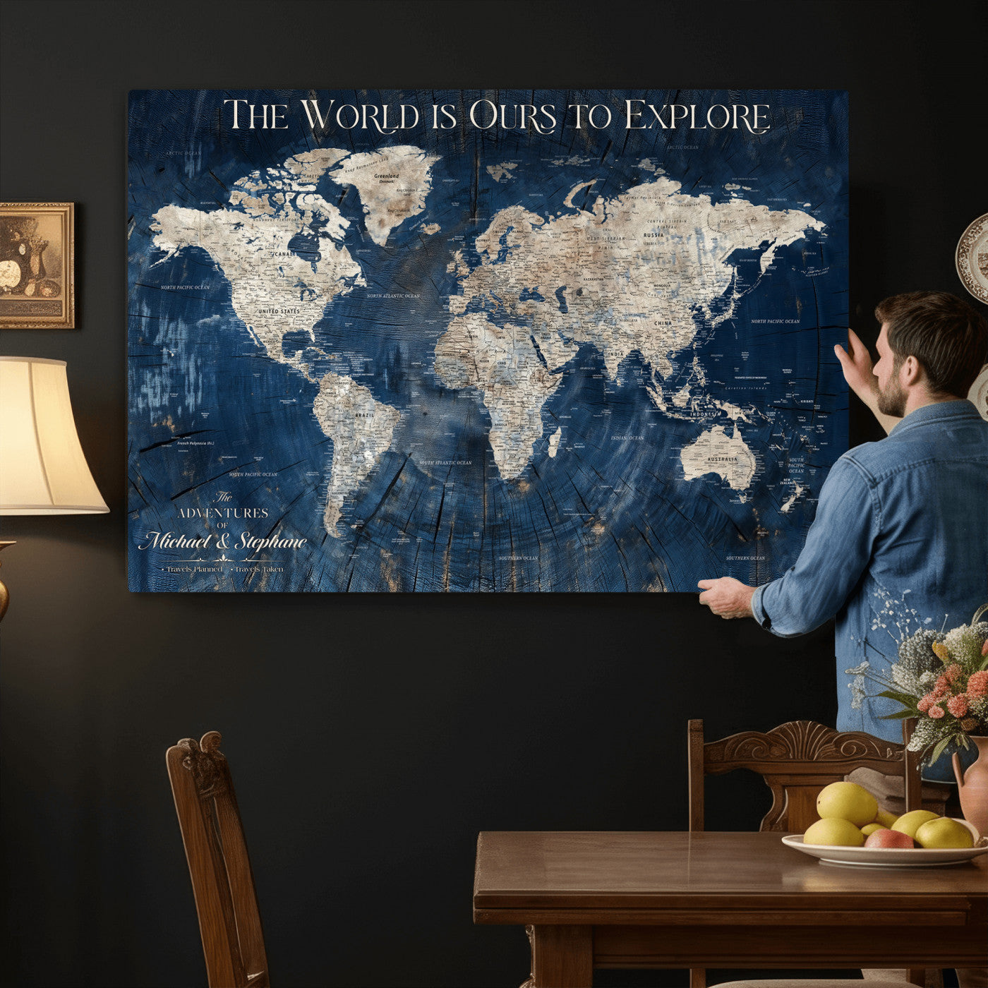 NEWMAP-5-MGV-CV-36X24 - Push Pin Customize World Map Wall Art Canvas Print, Modern Decorative Framed Map Artwork Prints for Living Room, Office, Bedroom Wall Decor - NEWMAP-5