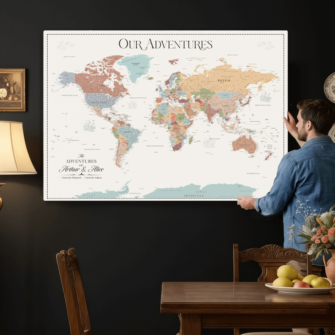 NEWMAP-4-MGV-CV-36X24 - Push Pin Customize World Map with Pins Board Wall Art Canvas Print