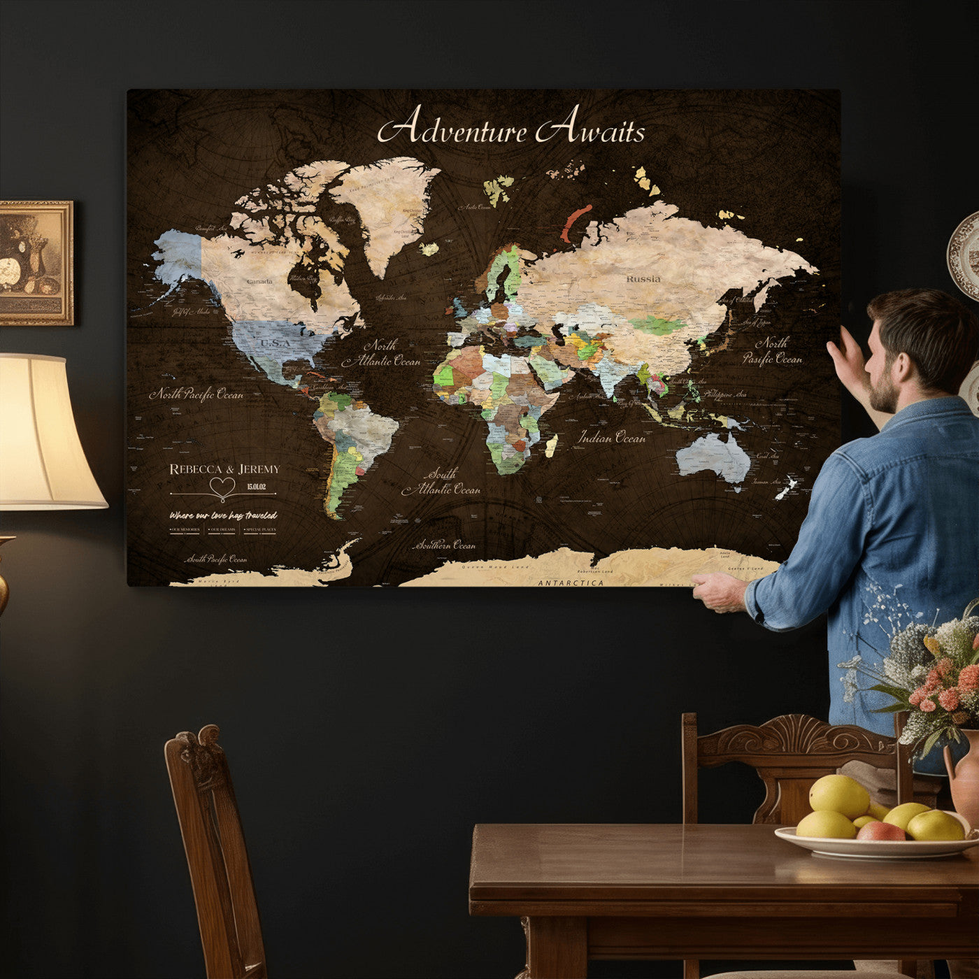 95753799-MGV-CV-36X24 - Custom Push Pin World Map Canvas Print – Personalized Travel Map Wall Art