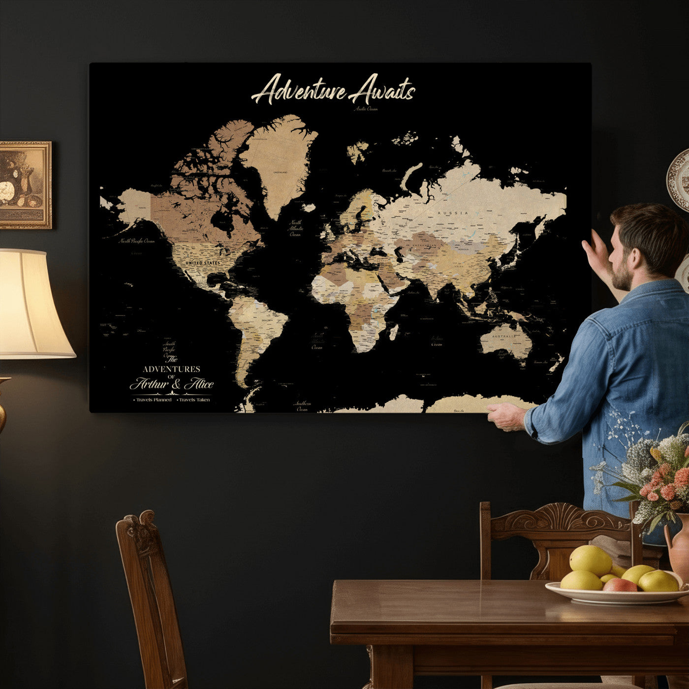 88415067-MGV-CV-36X24 - Custom Push Pin World Map Canvas Print – Personalized Travel Map Wall Art