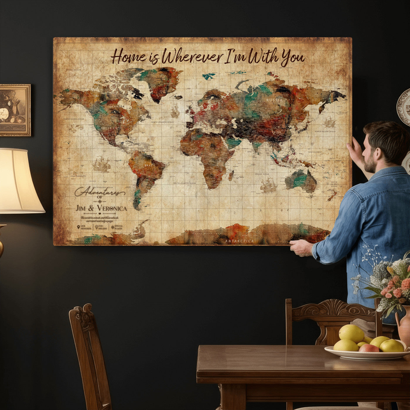 48389322-MGV-CV-36X24 - Custom Push Pin World Map Canvas Print – Personalized Travel Map Wall Art