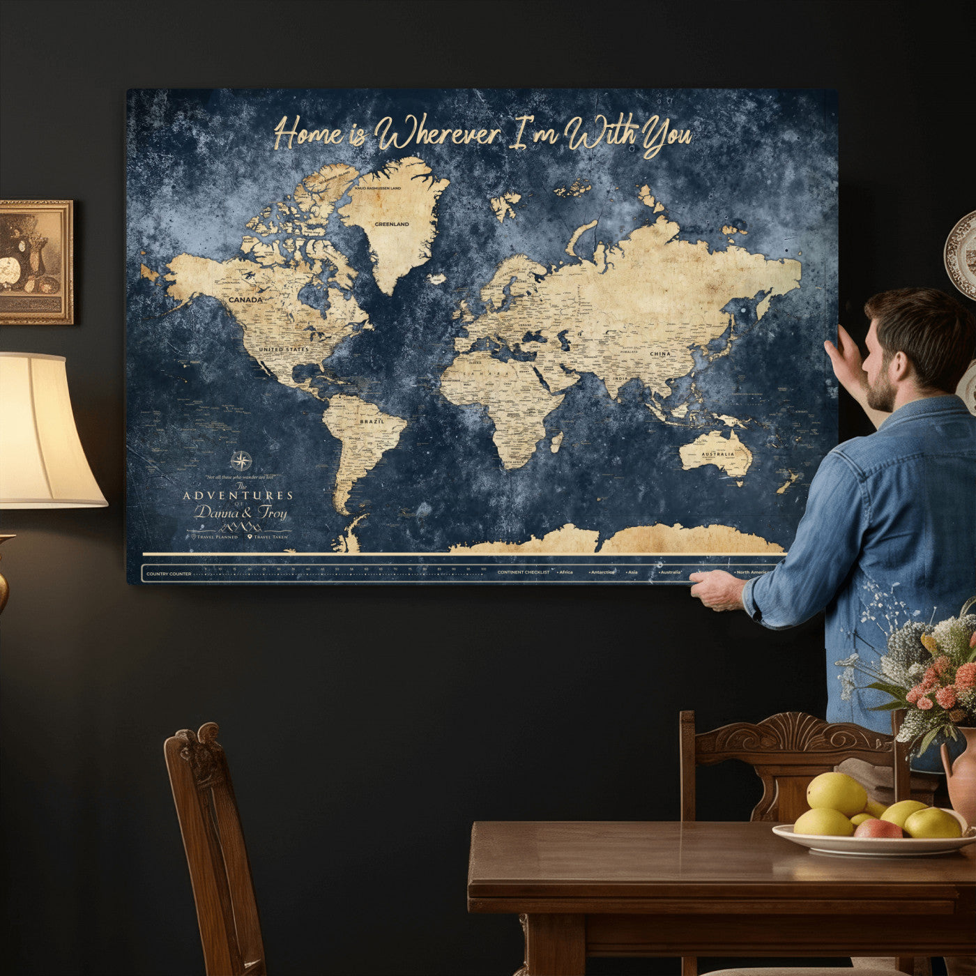 400867BL-MGV-CV-36X24 - Framed Blue Custom Push Pin World Map Canvas Print – Personalized Travel Map Wall Art