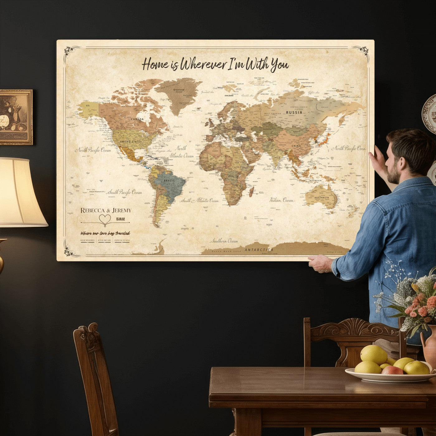 40086165-MGV-CV-36X24 - Framed Vintage Custom Push Pin World Map Canvas Print – Personalized Travel Map Wall Art