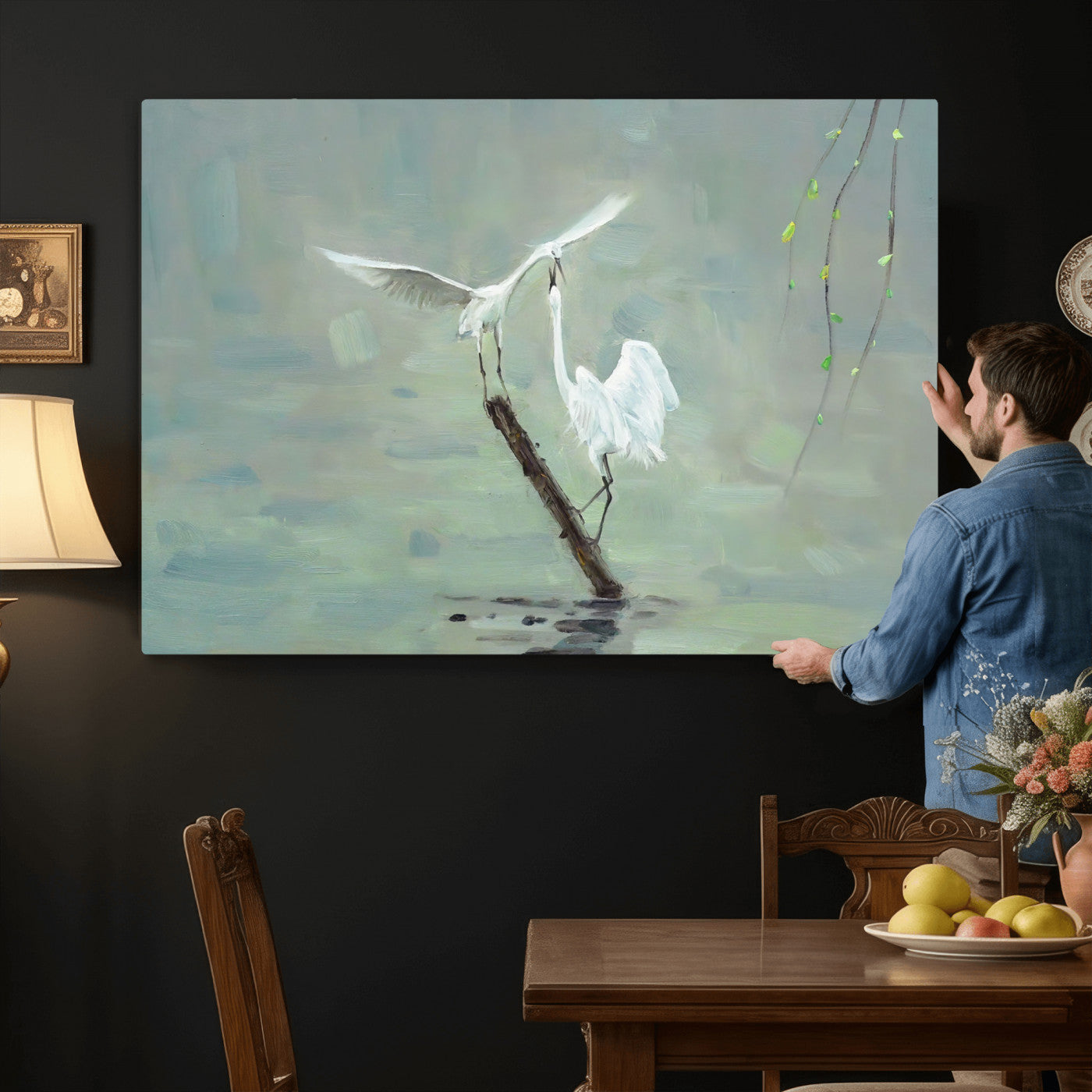 91124838-MGV-CV-36X24 - Two White Egrets on Marsh Branch Wall Art Canvas Print - Vintage Style Coastal Bird Poster