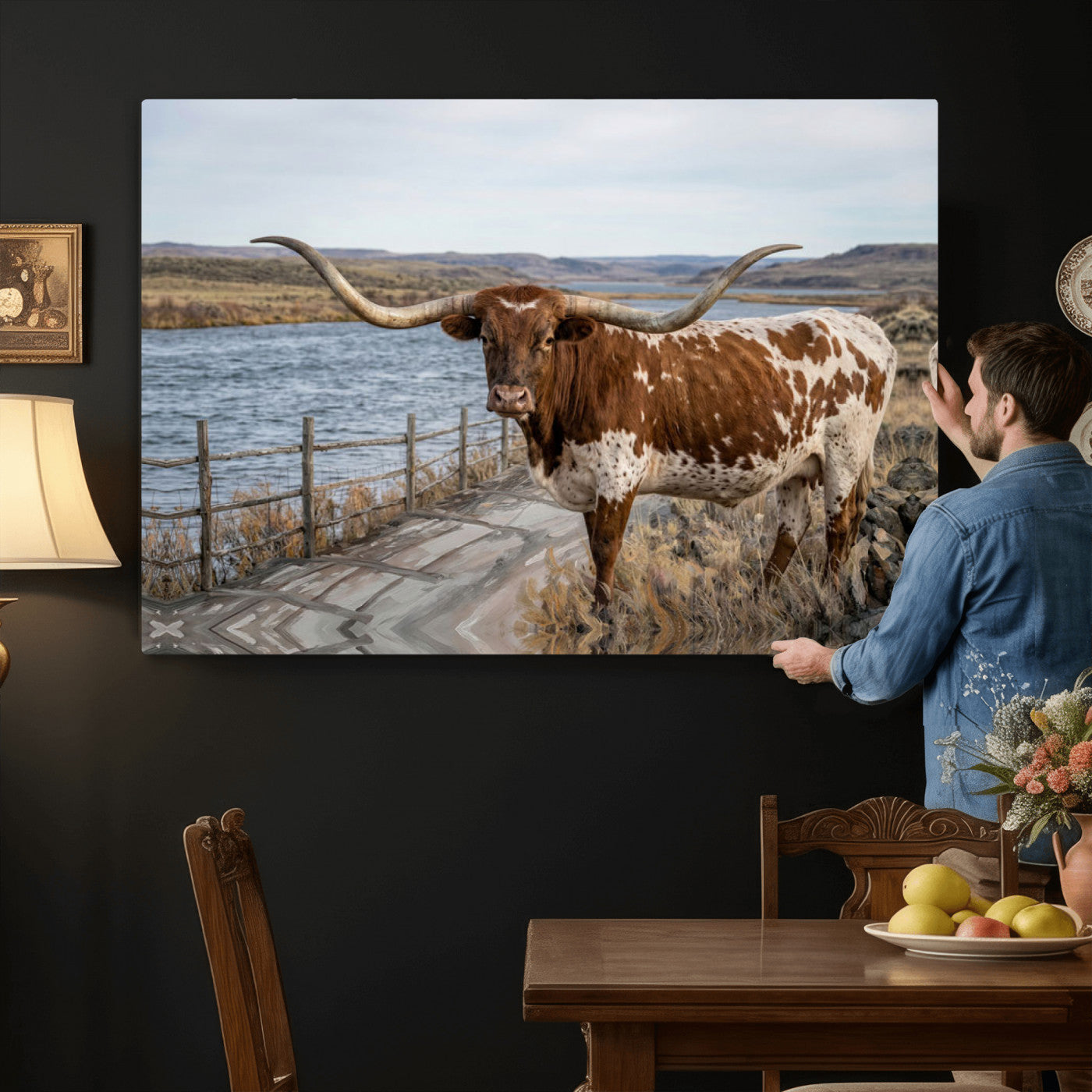 91575949-MGV-CV-36X24 - Texas Longhorn Cattle in Desert Pasture Wall Art Canvas Print - Rustic Western Decor