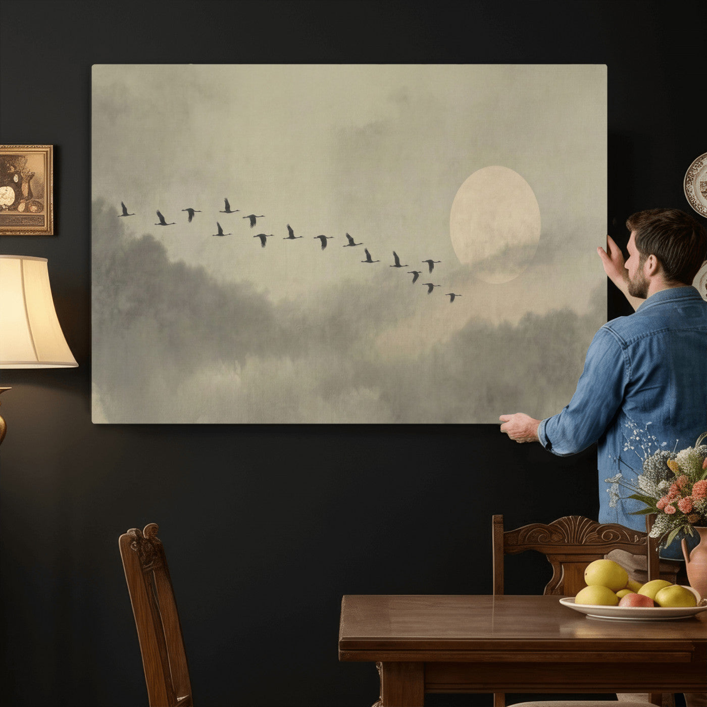 12098149-MGV-CV-36X24 - Flock of Birds Flying to Full Moon Wall Art Canvas Print - Vintage Surreal Clouds Painting