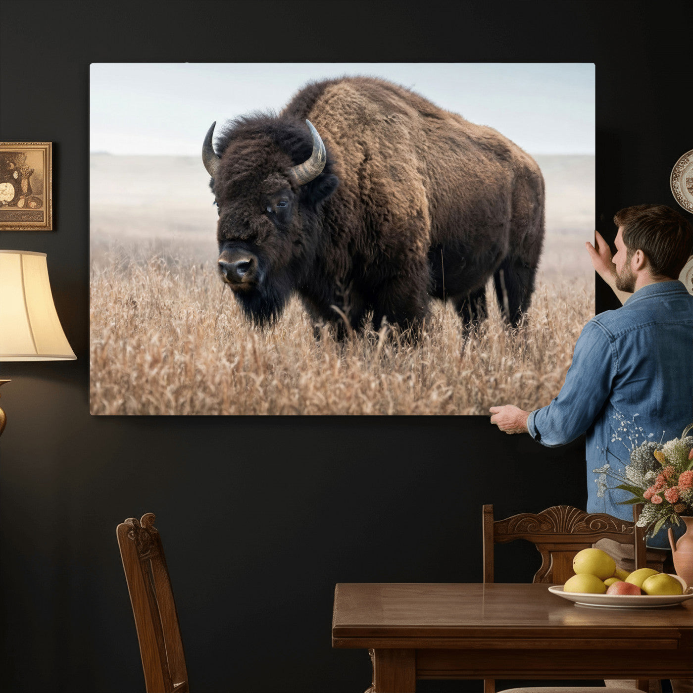 81029583-MGV-CV-36X24 - American Bison in Prairie Field Wall Art Canvas Print - Rustic Wildlife Photography