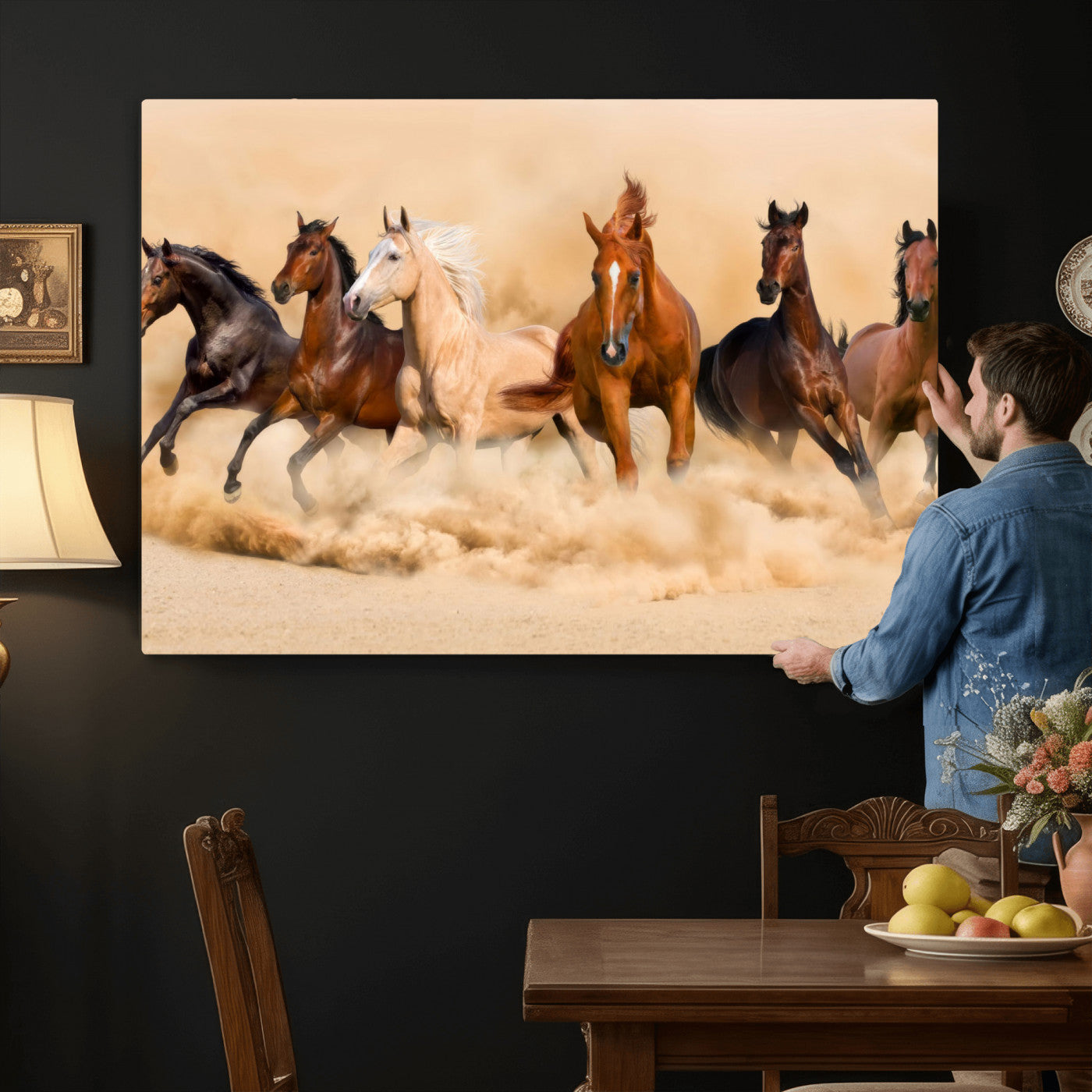 90610949-MGV-CV-36X24 - Herd of Six Wild Horses Galloping in Dust Storm Wall Art Canvas Print - Majestic Wildlife Decor