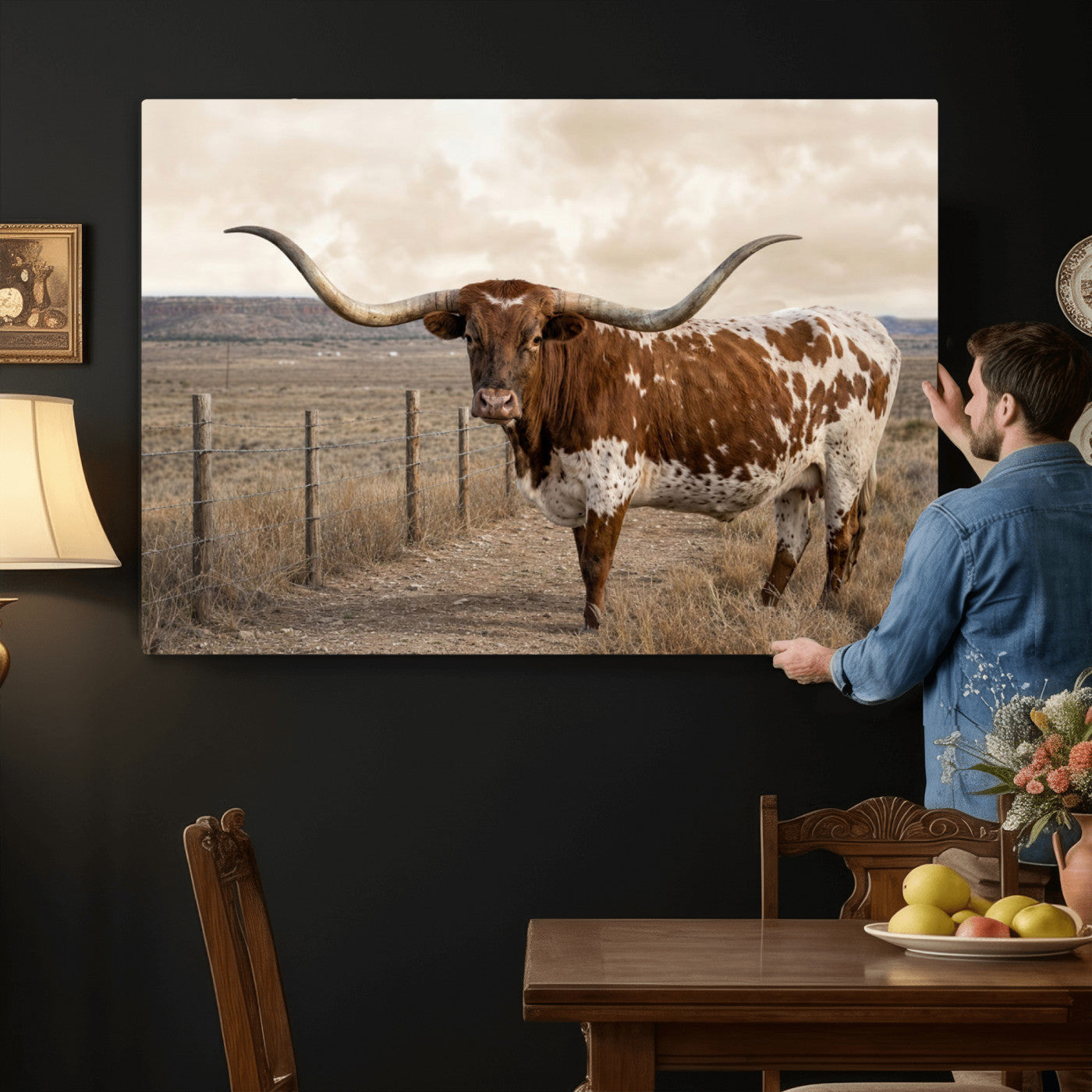 22808364-MGV-CV-36X24 - Texas Longhorn Cattle in Desert Pasture Wall Art Canvas Print - Rustic Western Decor