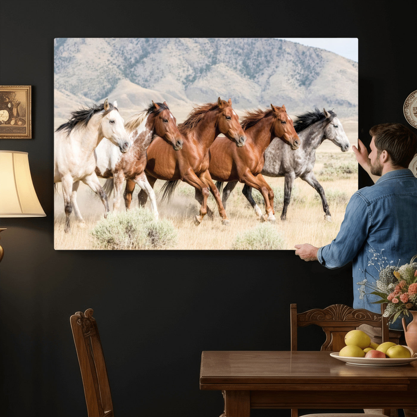 68345893-MGV-CV-36X24 - Five Mustangs Running Wild in Mountain Valley Wall Art Canvas Print - Rustic Western Decor