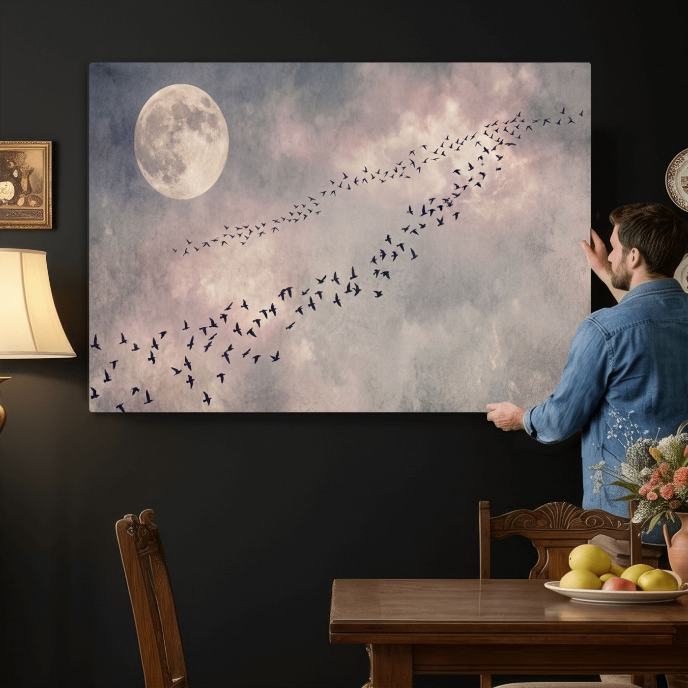52339590-MGV-CV-36X24 - Birds Flying to Moon Wall Art Canvas Print - Vintage Surreal Night Sky Sky Print