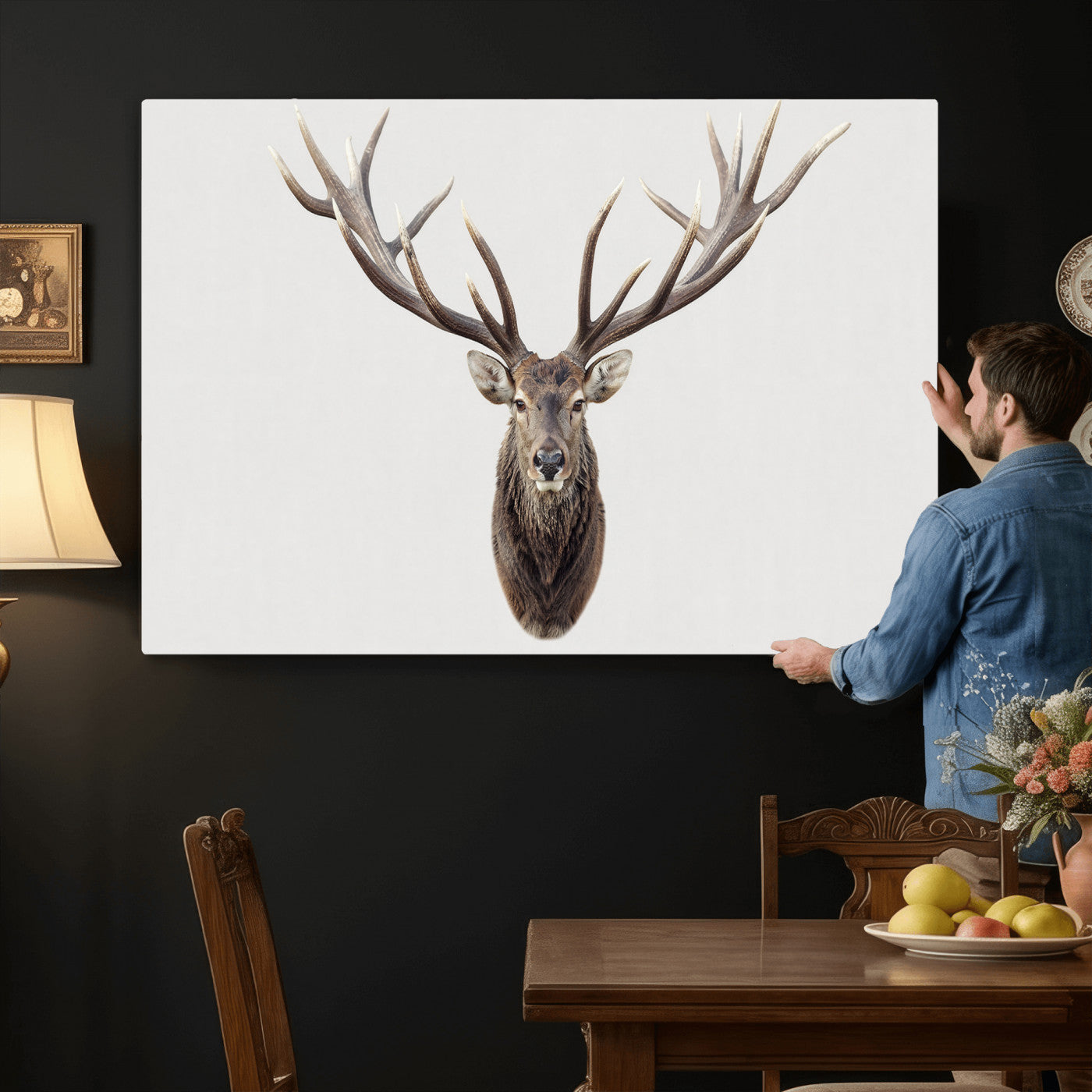 840173GY-MGV-CV-36X24 - Majestic Red Deer Canvas Wall Art – Stag Antlers Horns Print, Wildlife Hunting Poster, Rustic Cabin Lodge Decor