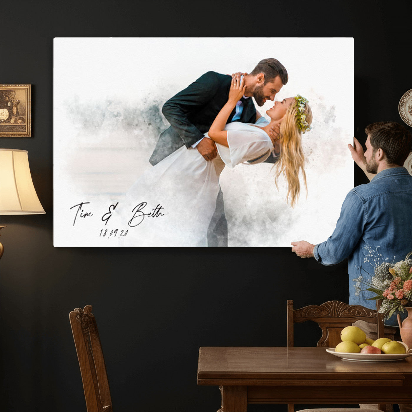 39726003-MGV-CV-36X24 - Watercolor Couple Portrait from Photo, Custom Wedding Anniversary Gift for Wife Husband Parents, Engagement Gift for Friend