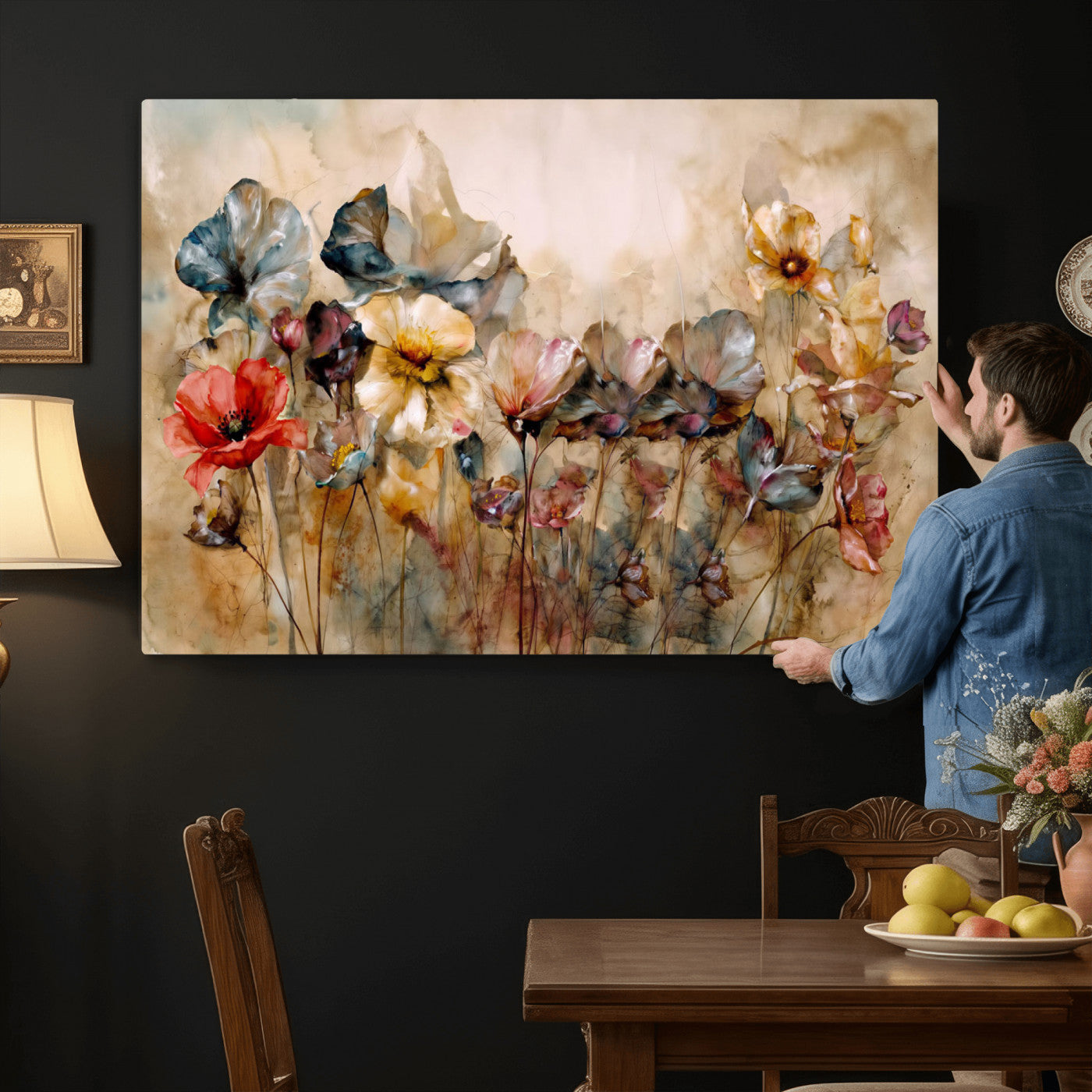 11407233-MGV-CV-36X24 - Vintage Dried Floral Meadow Wall Art Canvas Print, Translucent Watercolor Flowers Painting Print