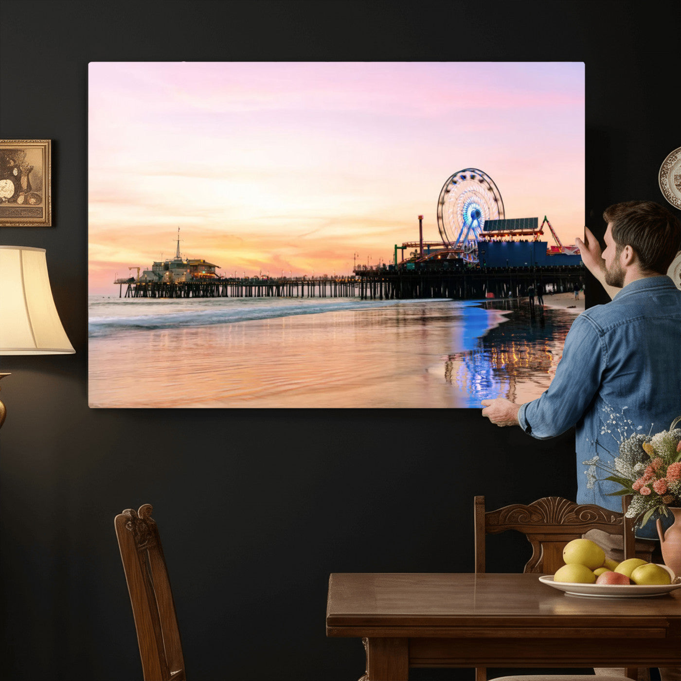 27381272-MGV-CV-36X24 - Santa Monica Pier Sunset Beach Wall Art Canvas Print, California Ferris Wheel Photo Print