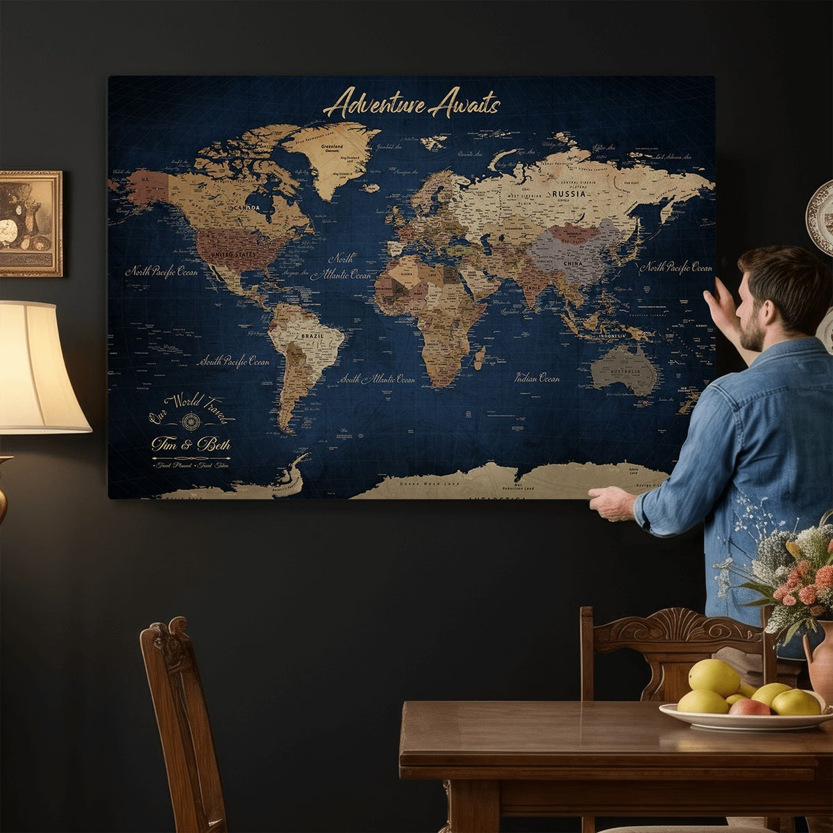 74477969-MGV-CV-36X24 - Custom Push Pin Travel Map Canvas Print, Family Travel Tracker, Study and Entryway Decor