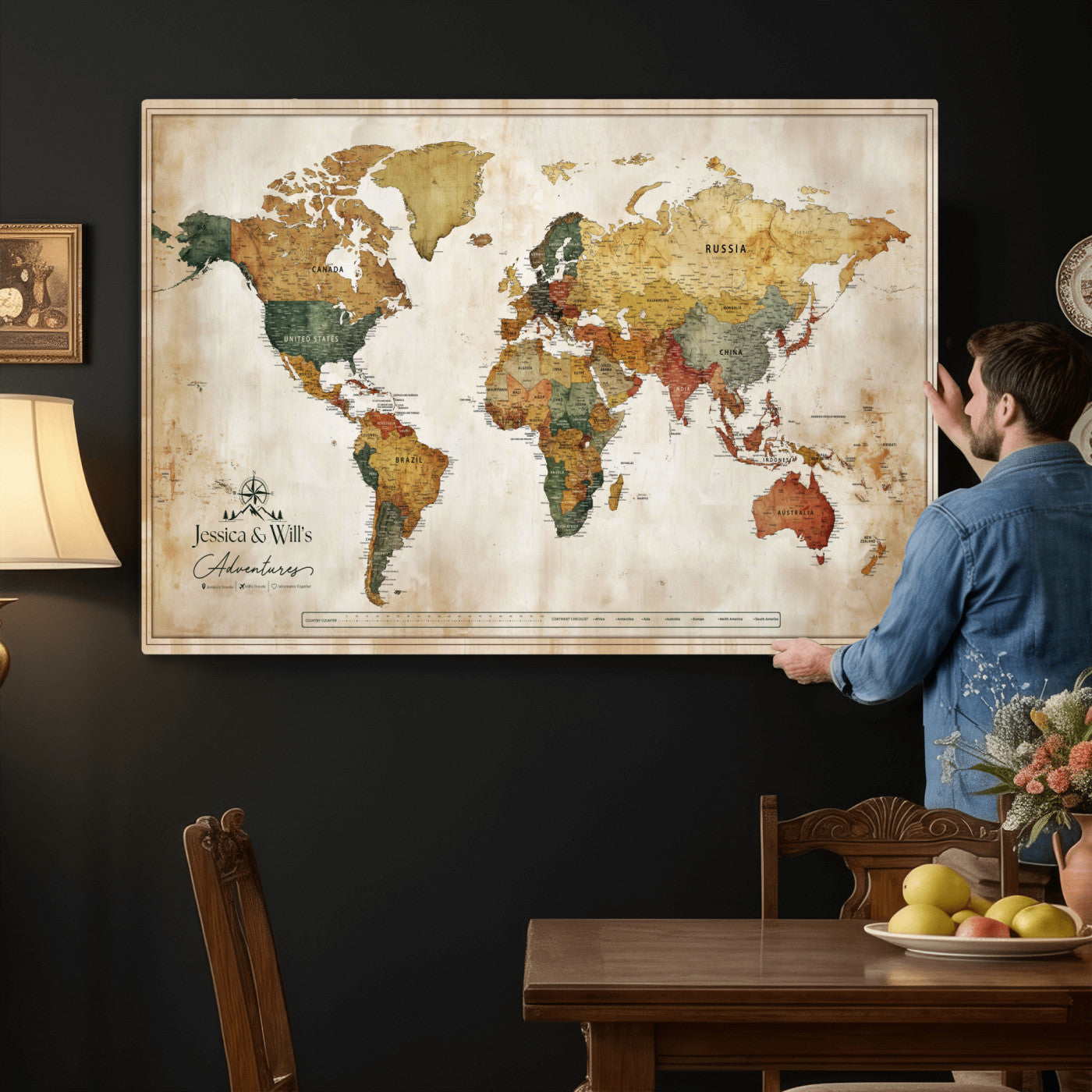 19542567-MGV-CV-36X24 - Custom Push Pin World Map Canvas | Personalized Travel Tracker | Wedding Anniversary Gift for Couples | Adventure Map Wall Art with Pins
