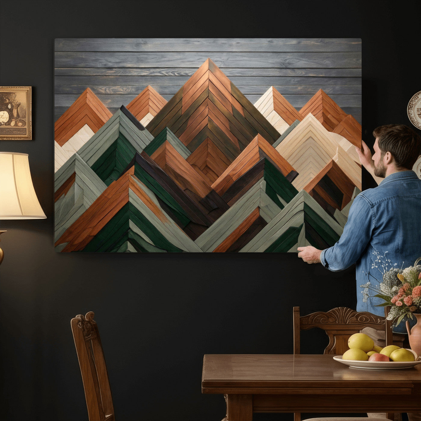84617347-MGV-CV-36X24 - Geometric Wood Mountain Wall Art Canvas Print, 3D Look Rustic Mosaic Landscape Print