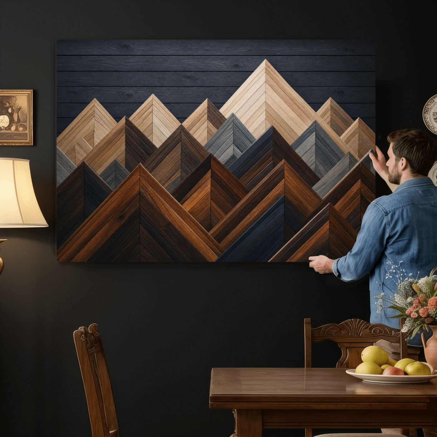70531117-MGV-CV-36X24 - Geometric Wood Mountain Wall Art Canvas Print, 3D Look Rustic Mosaic Landscape Print