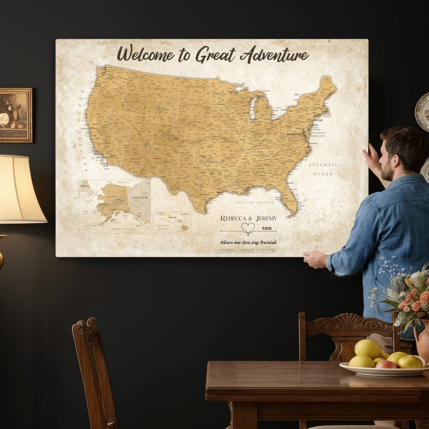 81437082-MGV-CV-36X24 - Custom Push Pin Travel USA Map Canvas Print, Cream Personalized Travel Tracker America Map, Anniversary Traveler Gift