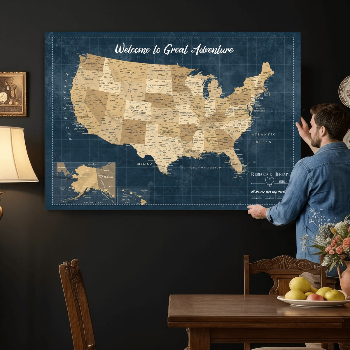 58851035-MGV-CV-36X24 - Custom Cream Push Pin USA Map Canvas Print, 50 State Bucket List Map, Family Room and Hallway Decor
