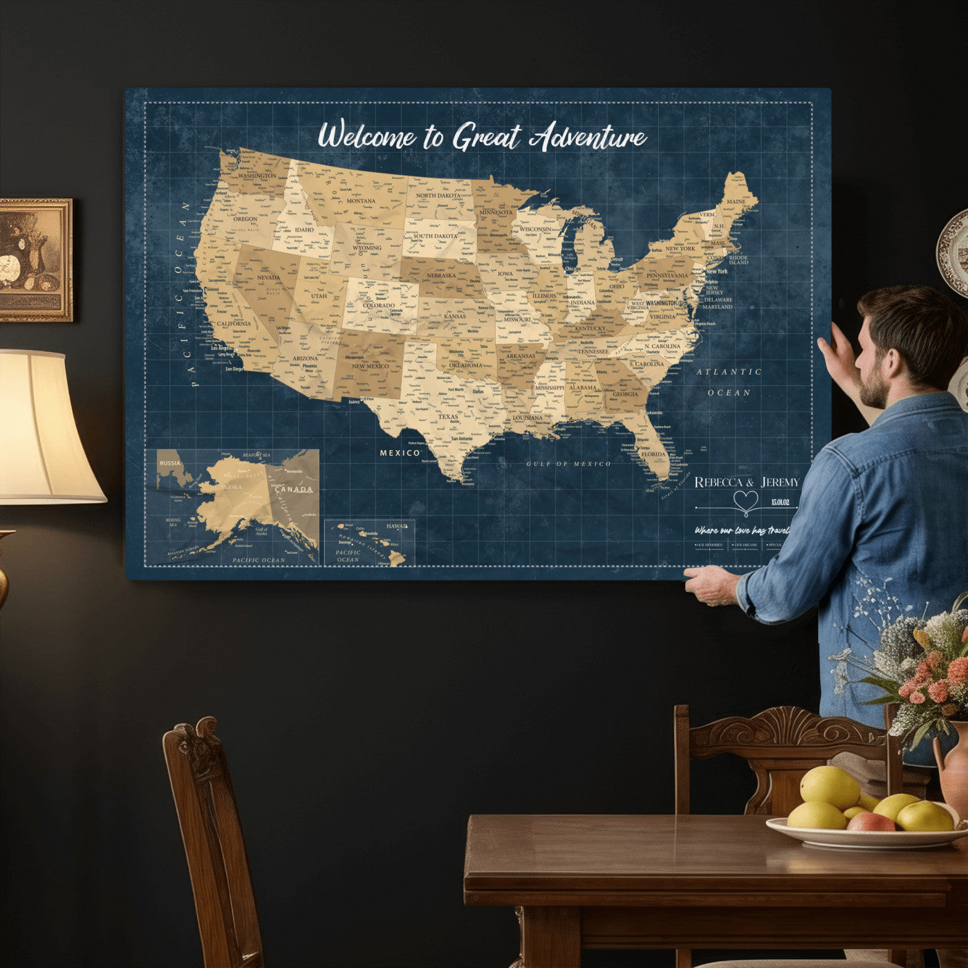 58851035-MGV-CV-36X24 - Custom Push Pin Travel USA Map Canvas Print, Cream Personalized Travel Tracker America Map, Anniversary Traveler Gift