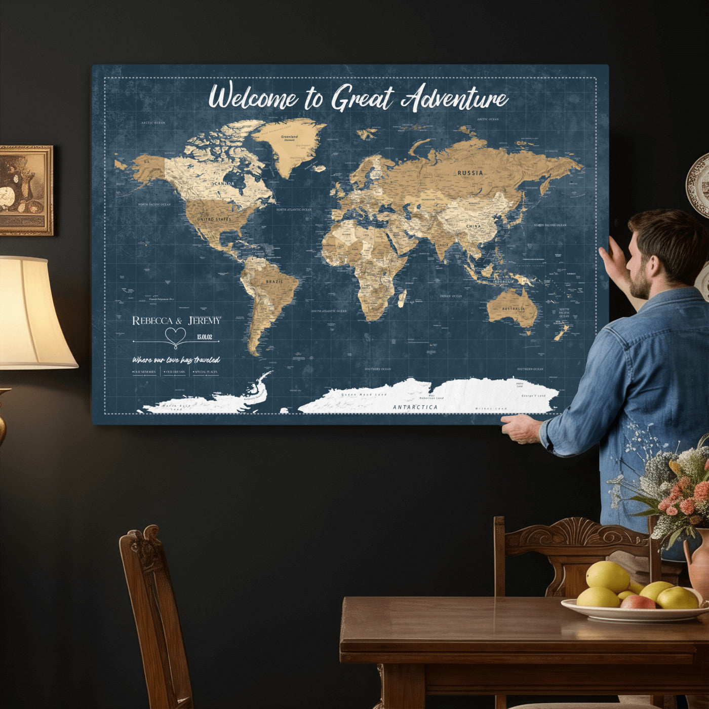 57167164-MGV-CV-36X24 - Custom Push Pin Travel Map Canvas Print, Cream Personalized Travel Tracker Map, Anniversary Gift, Vintage World Map Wall Art