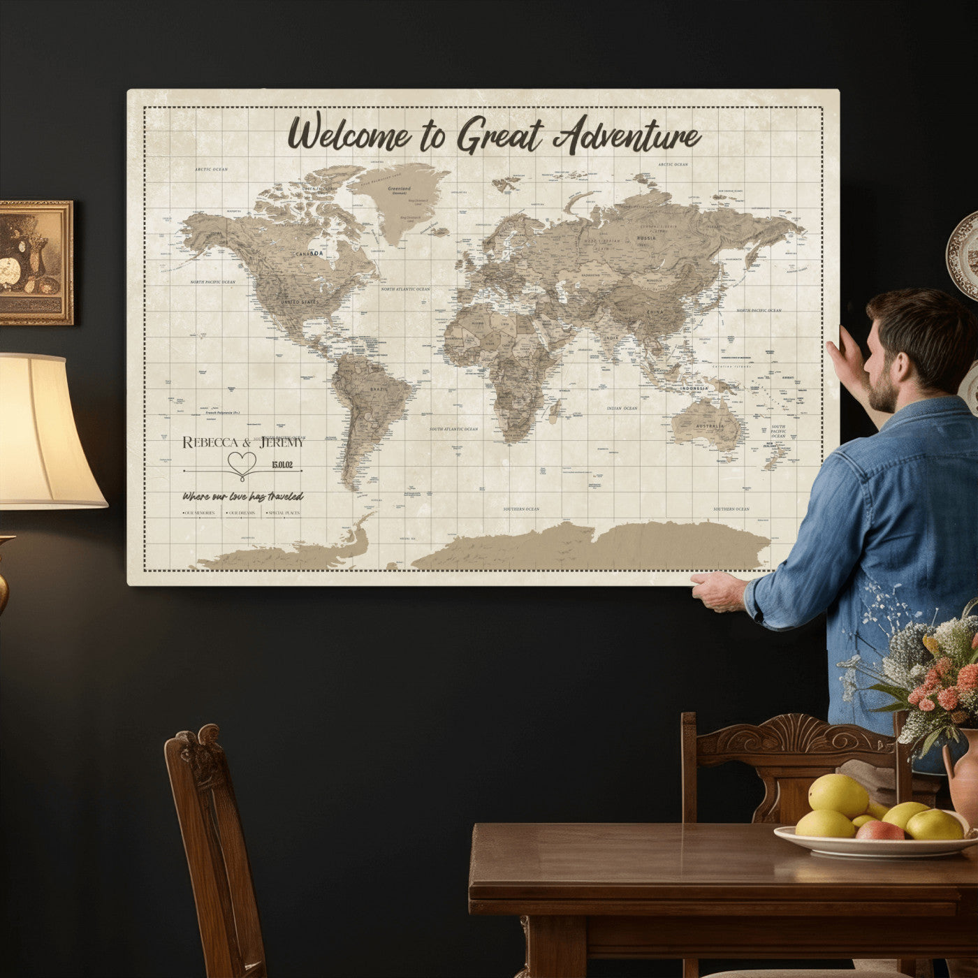 51180020-MGV-CV-36X24 - Custom Push Pin Travel Map Canvas Print, Cream Personalized Travel Tracker Map, Anniversary Gift, Vintage World Map Wall Art