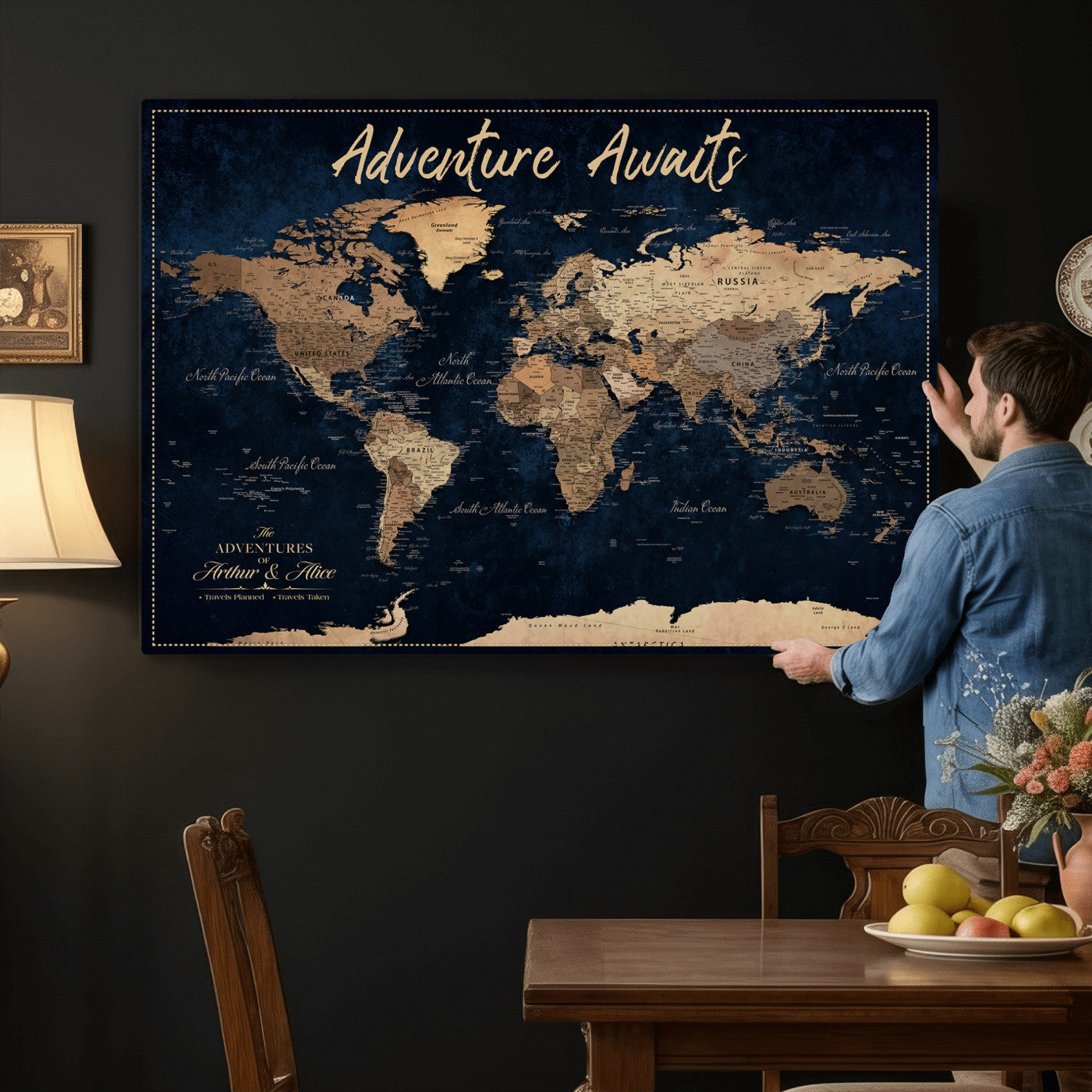 57167164-MGV-CV-36X24 - Custom Push Pin Travel Map Canvas Print, Navy Blue Personalized Travel Tracker Map, Anniversary Gift, Vintage World Map Wall Art