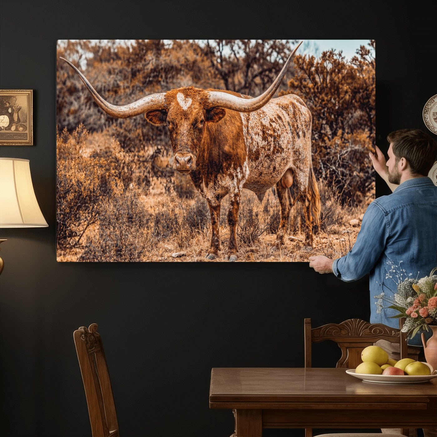 62076449-MGV-CV-36X24 - Texas Cow Bull Longhorn Print for Western Wall Art Decor for Farmhouse